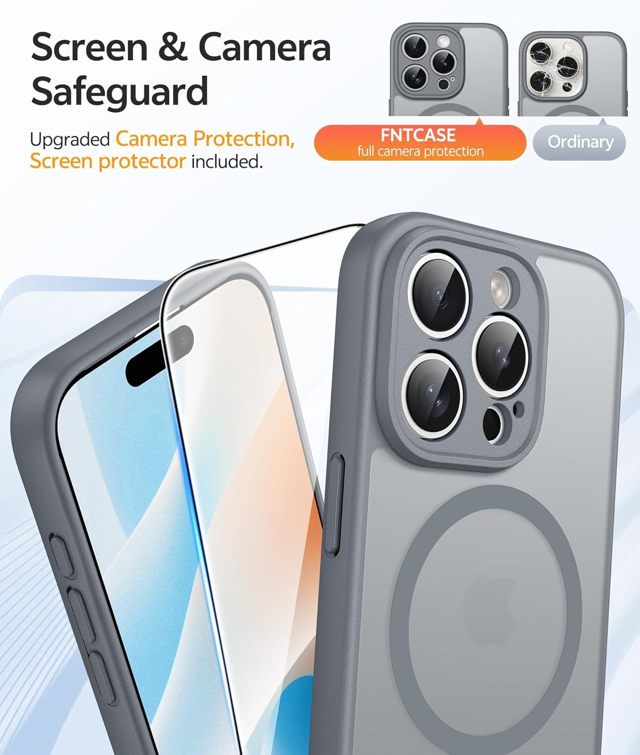 imageFNTCASE for iPhone 15 Pro Case Compatible with Magsafe Translucent Matte Magnetic Phone Cover Military Grade Drop Protection Shockproof Protective Cases BlackGray