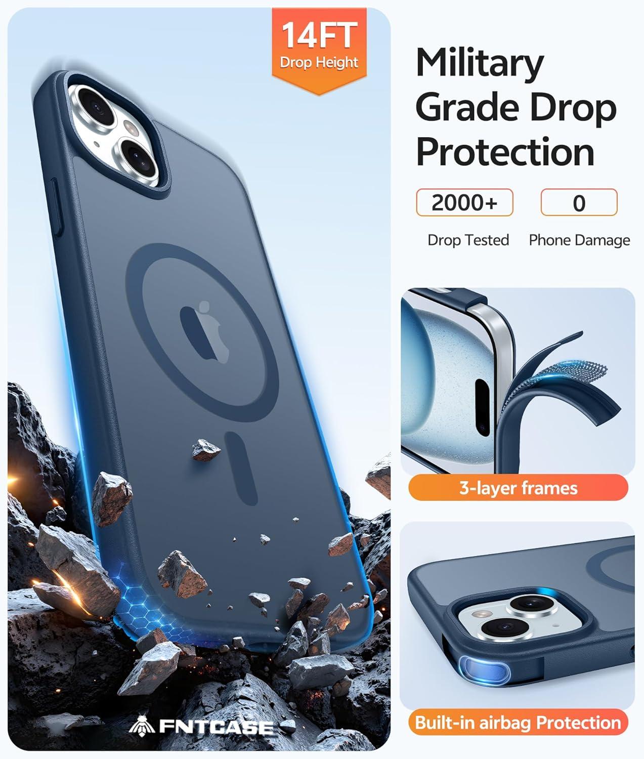 imageFNTCASE for iPhone 15 Pro Case Compatible with Magsafe Translucent Matte Magnetic Phone Cover Military Grade Drop Protection Shockproof Protective Cases BlackBlue