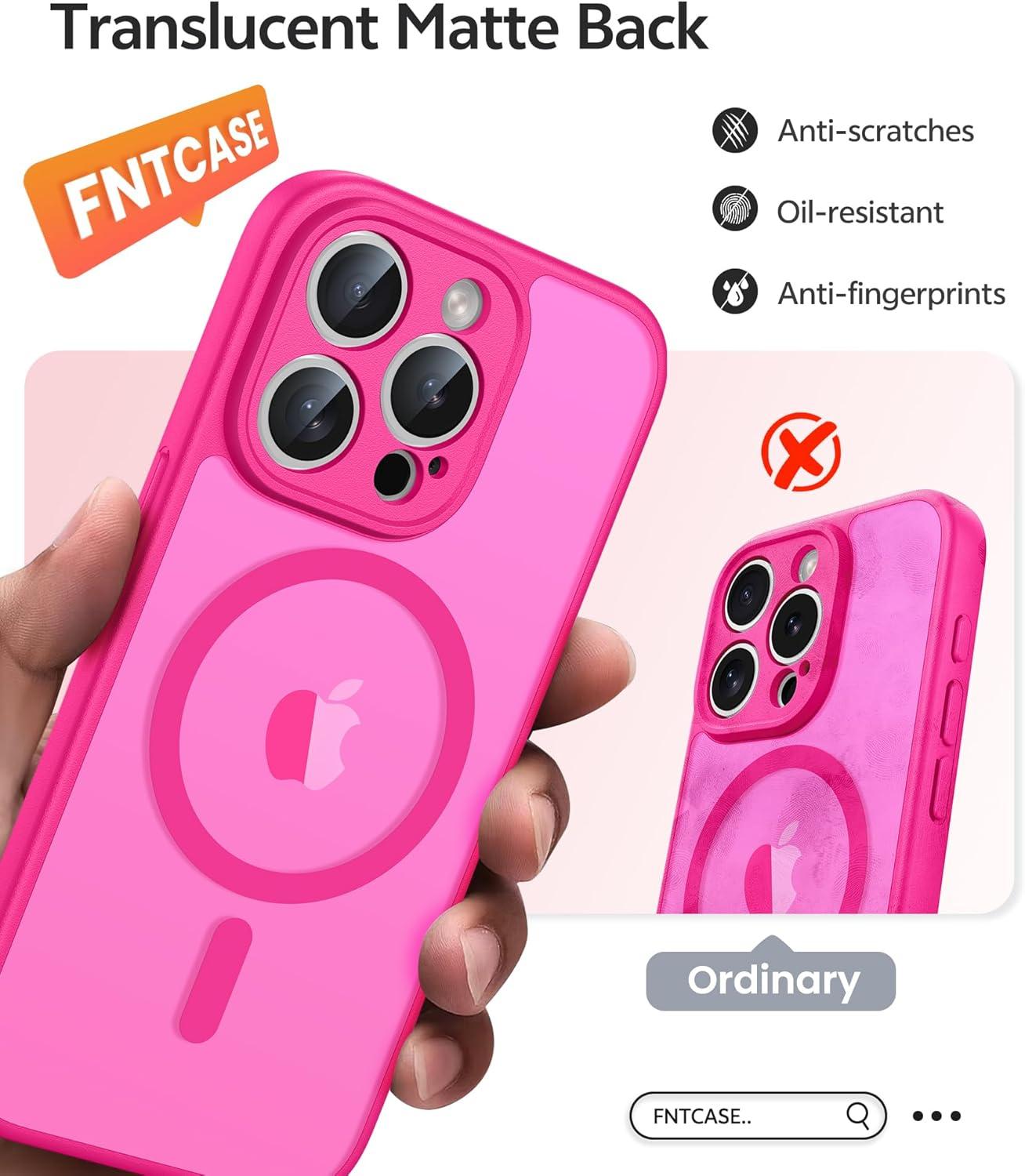 imageFNTCASE for iPhone 15 Pro Case Compatible with Magsafe Translucent Matte Magnetic Phone Cover Military Grade Drop Protection Shockproof Protective Cases BlackHot Pink
