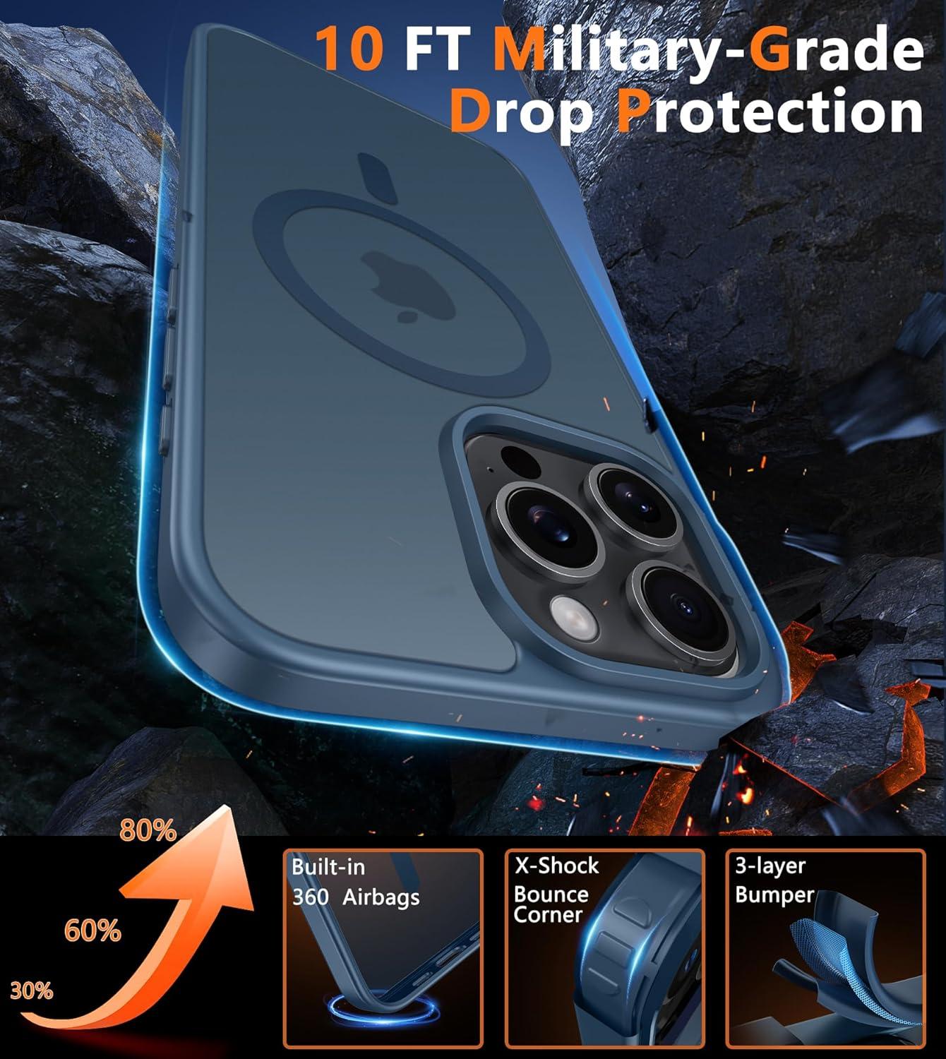 imageFNTCASE for iPhone 15 Pro Case Compatible with Magsafe Translucent Matte Magnetic Phone Cover Military Grade Drop Protection Shockproof Protective Cases BlackBlue
