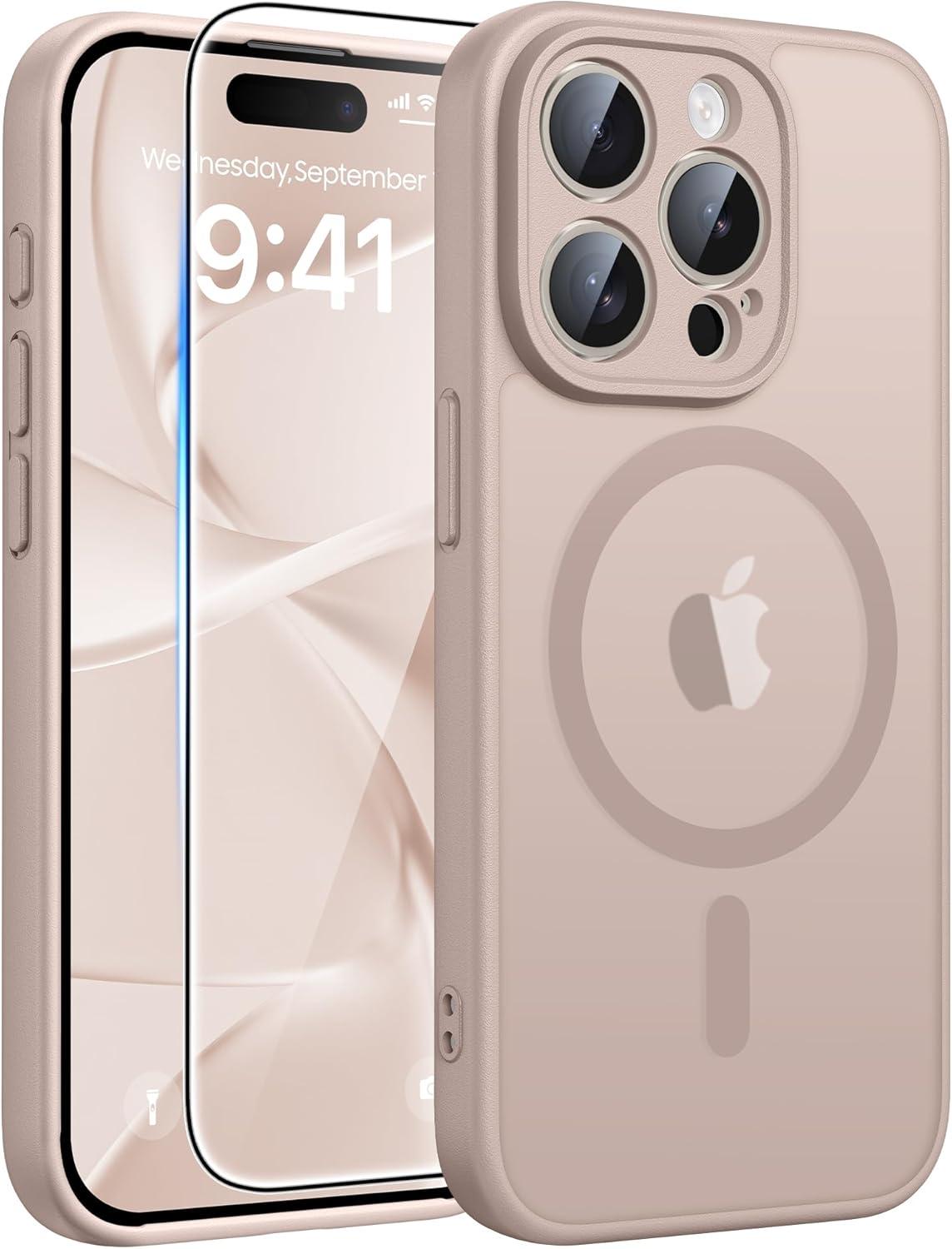 imageFNTCASE for iPhone 15 Pro Case Compatible with Magsafe Translucent Matte Magnetic Phone Cover Military Grade Drop Protection Shockproof Protective Cases BlackDesert Gold