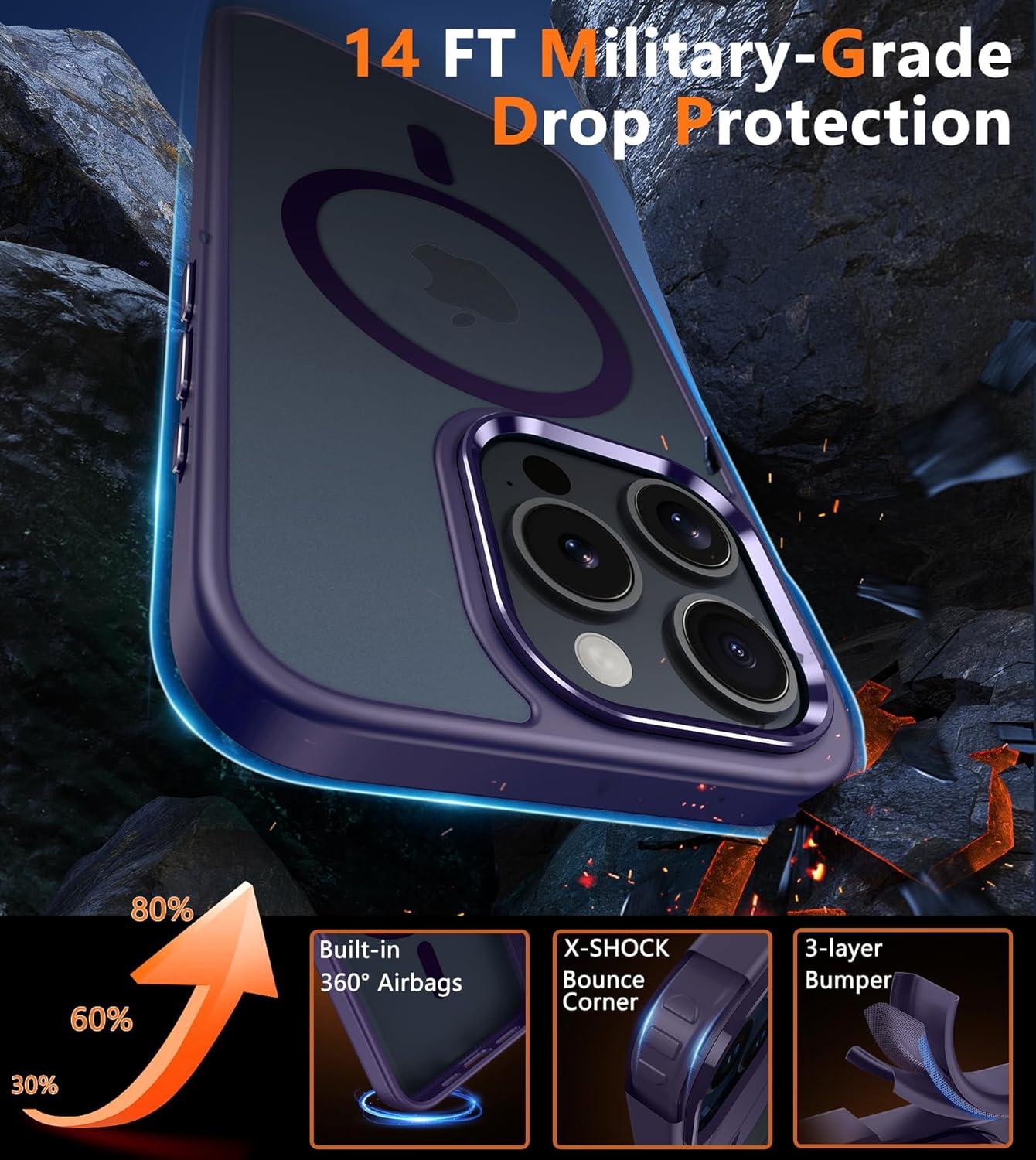 imageFNTCASE for iPhone 15 Pro Case Compatible with Magsafe Translucent Matte Magnetic Phone Cover Military Grade Drop Protection Shockproof Protective Cases BlackPurple