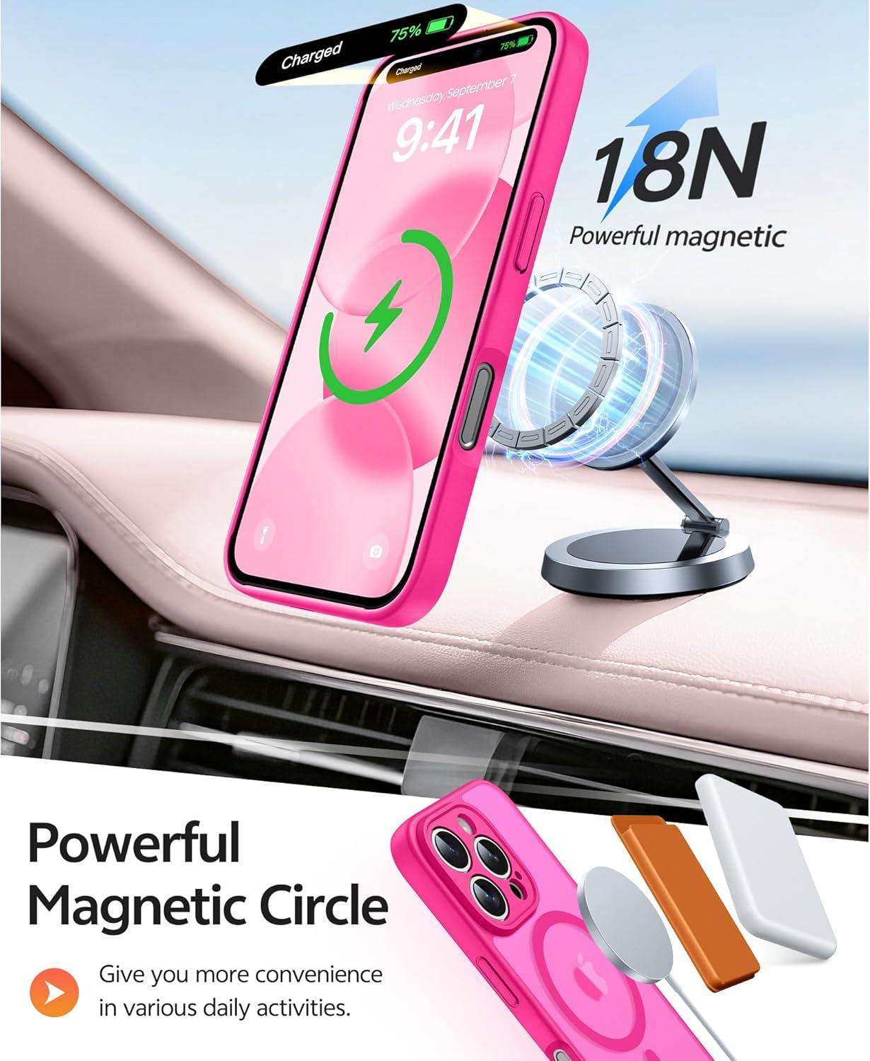 imageFNTCASE for iPhone 15 Pro Case Compatible with Magsafe Translucent Matte Magnetic Phone Cover Military Grade Drop Protection Shockproof Protective Cases BlackHot Pink