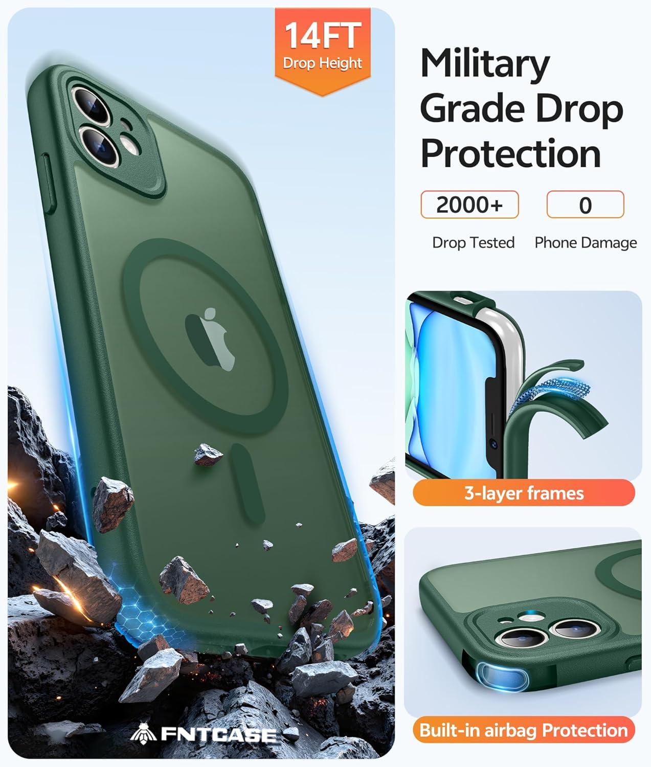 imageFNTCASE for iPhone 15 Pro Case Compatible with Magsafe Translucent Matte Magnetic Phone Cover Military Grade Drop Protection Shockproof Protective Cases BlackGreen