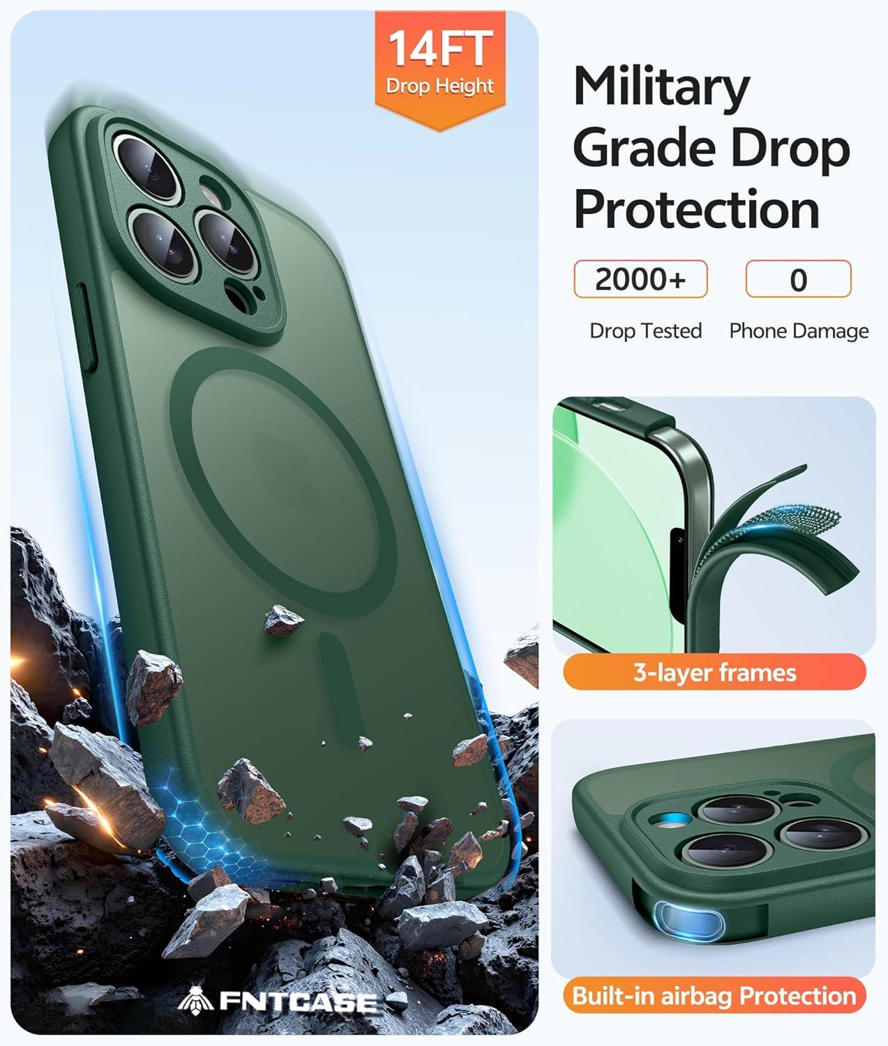 imageFNTCASE for iPhone 15 Pro Case Compatible with Magsafe Translucent Matte Magnetic Phone Cover Military Grade Drop Protection Shockproof Protective Cases BlackGreen