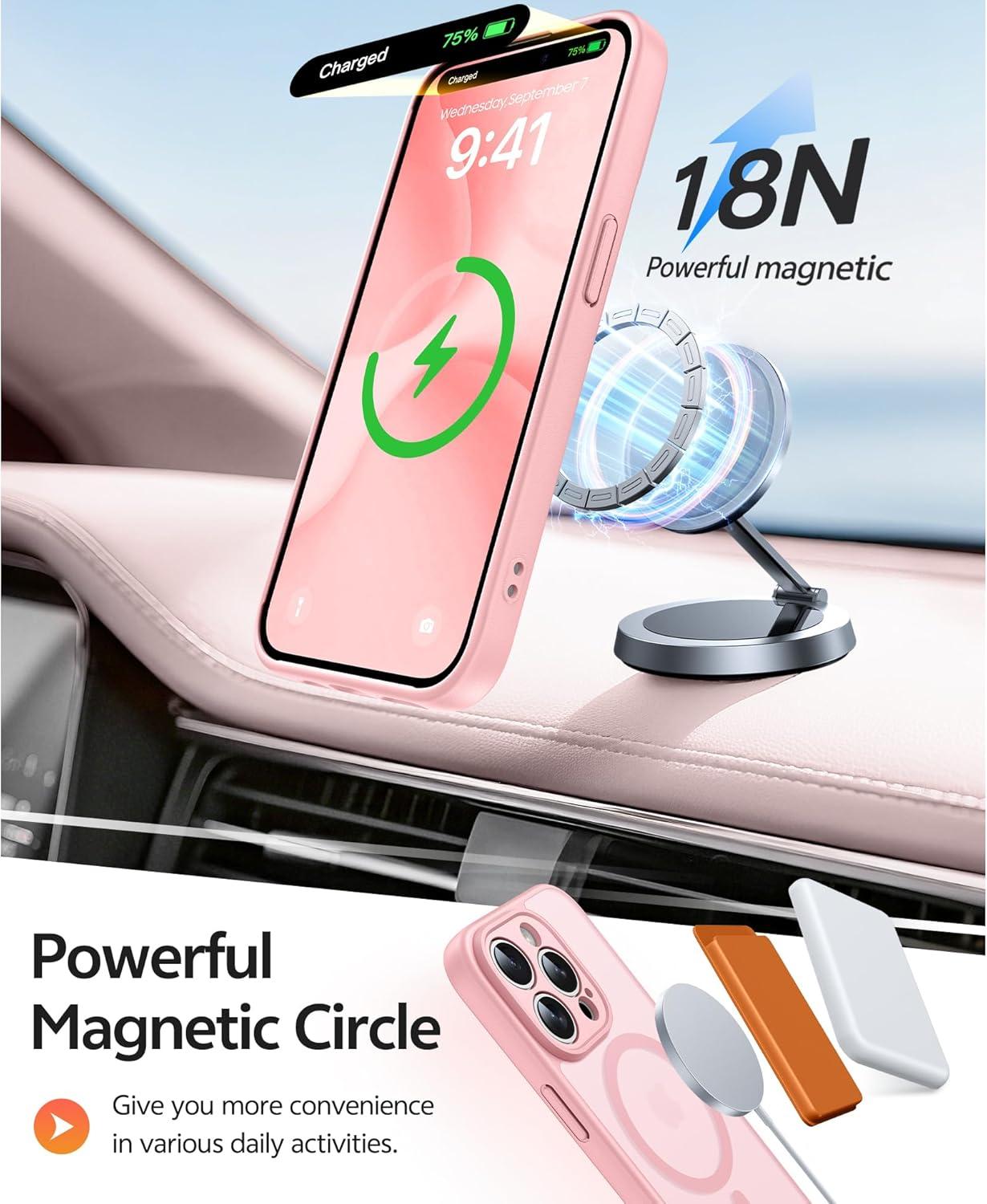 imageFNTCASE for iPhone 15 Pro Case Compatible with Magsafe Translucent Matte Magnetic Phone Cover Military Grade Drop Protection Shockproof Protective Cases BlackLight Pink