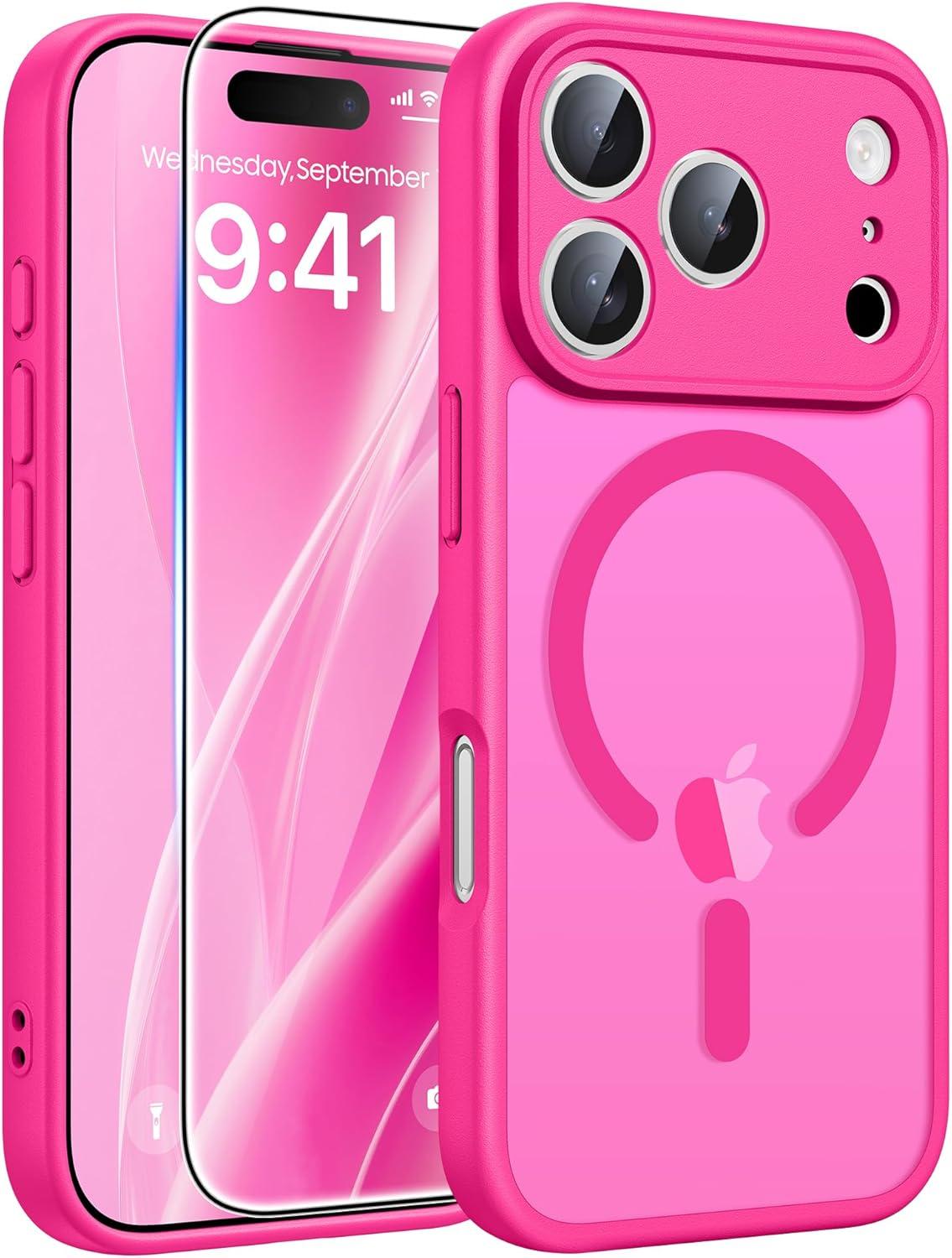 imageFNTCASE for iPhone 15 Pro Case Compatible with Magsafe Translucent Matte Magnetic Phone Cover Military Grade Drop Protection Shockproof Protective Cases BlackHot Pink