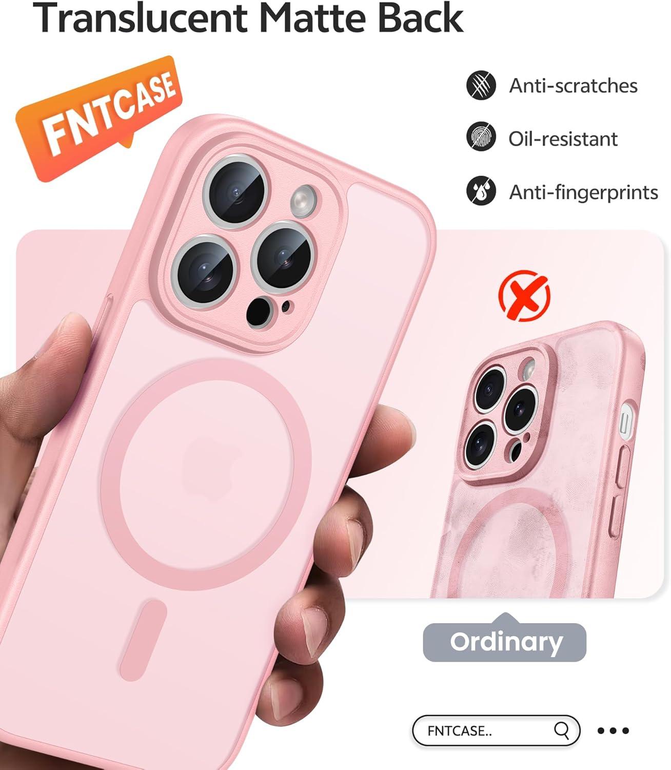 imageFNTCASE for iPhone 15 Pro Case Compatible with Magsafe Translucent Matte Magnetic Phone Cover Military Grade Drop Protection Shockproof Protective Cases BlackLight Pink