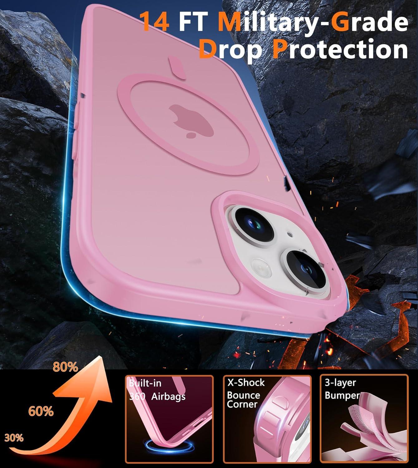 imageFNTCASE for iPhone 15 Pro Case Compatible with Magsafe Translucent Matte Magnetic Phone Cover Military Grade Drop Protection Shockproof Protective Cases BlackLight Pink