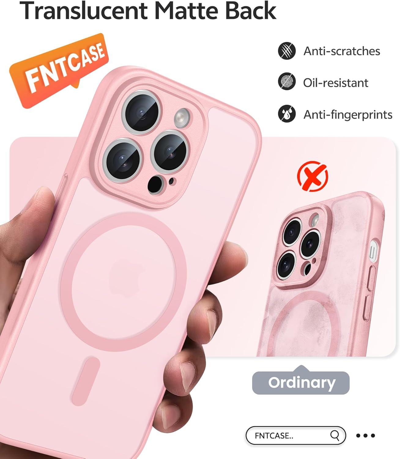 imageFNTCASE for iPhone 15 Pro Case Compatible with Magsafe Translucent Matte Magnetic Phone Cover Military Grade Drop Protection Shockproof Protective Cases BlackLight Pink