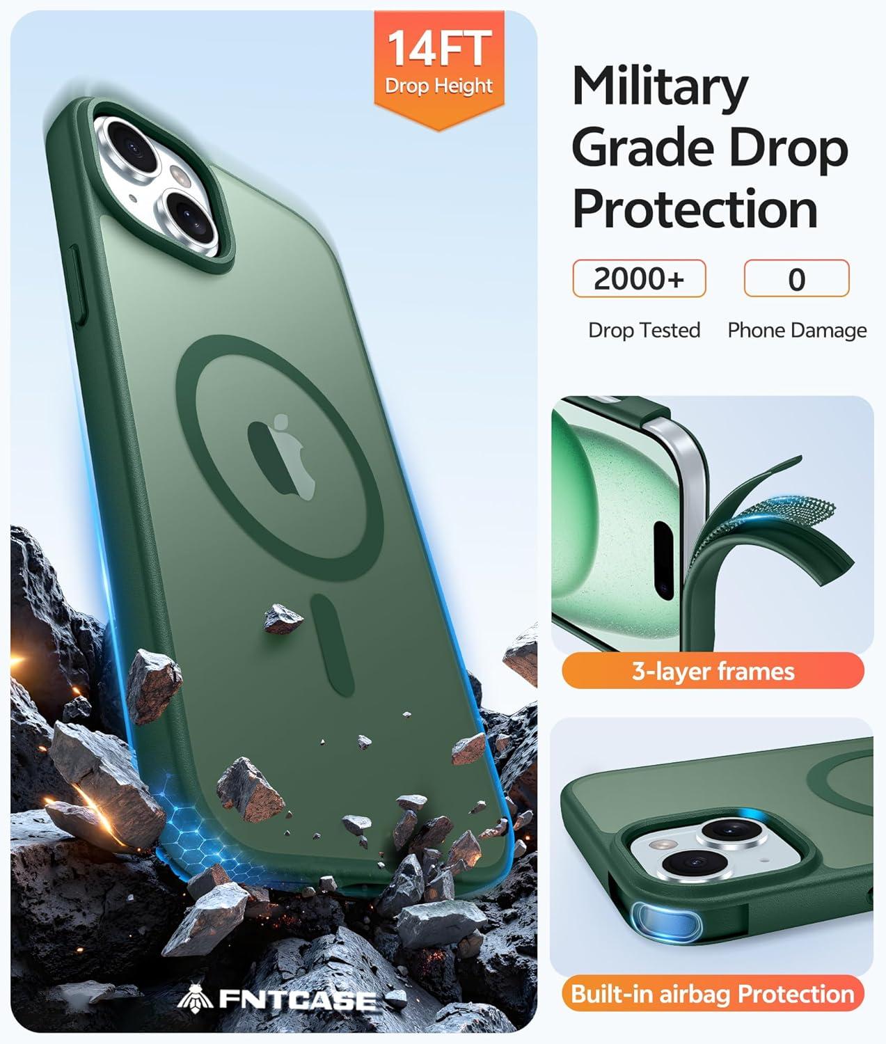 imageFNTCASE for iPhone 15 Pro Case Compatible with Magsafe Translucent Matte Magnetic Phone Cover Military Grade Drop Protection Shockproof Protective Cases BlackGreen