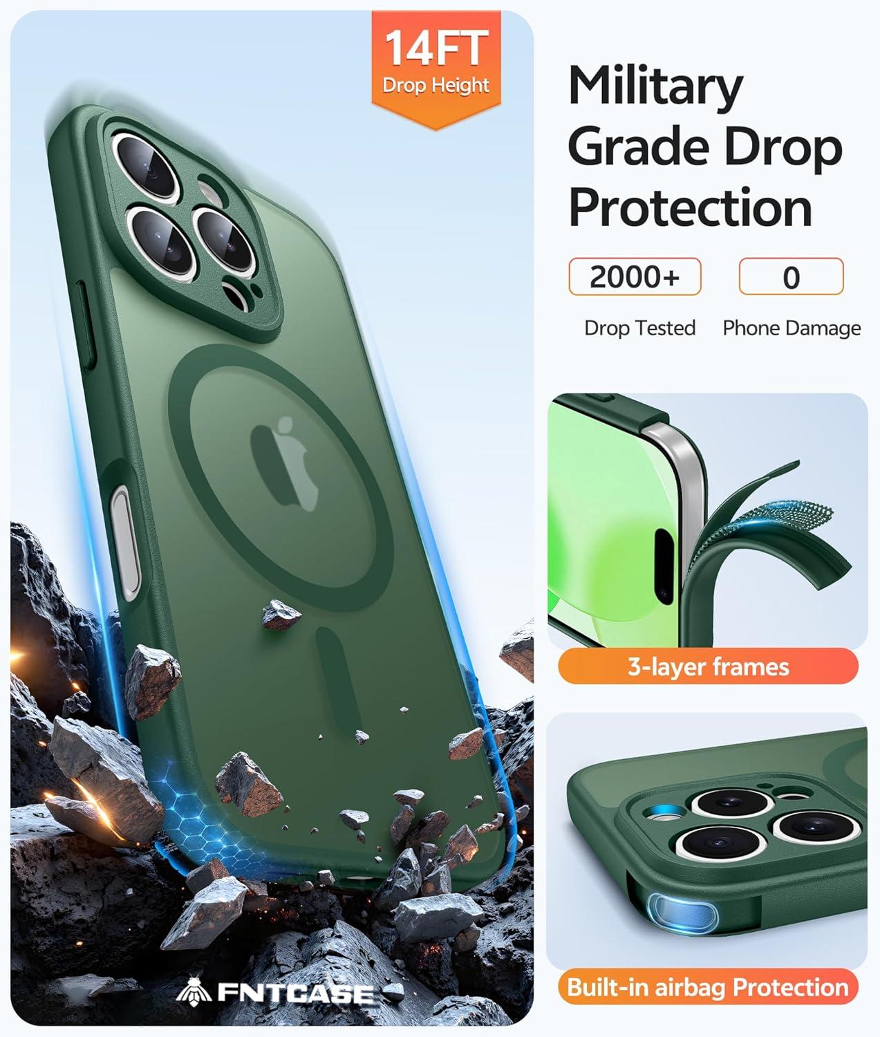 imageFNTCASE for iPhone 15 Pro Case Compatible with Magsafe Translucent Matte Magnetic Phone Cover Military Grade Drop Protection Shockproof Protective Cases BlackGreen