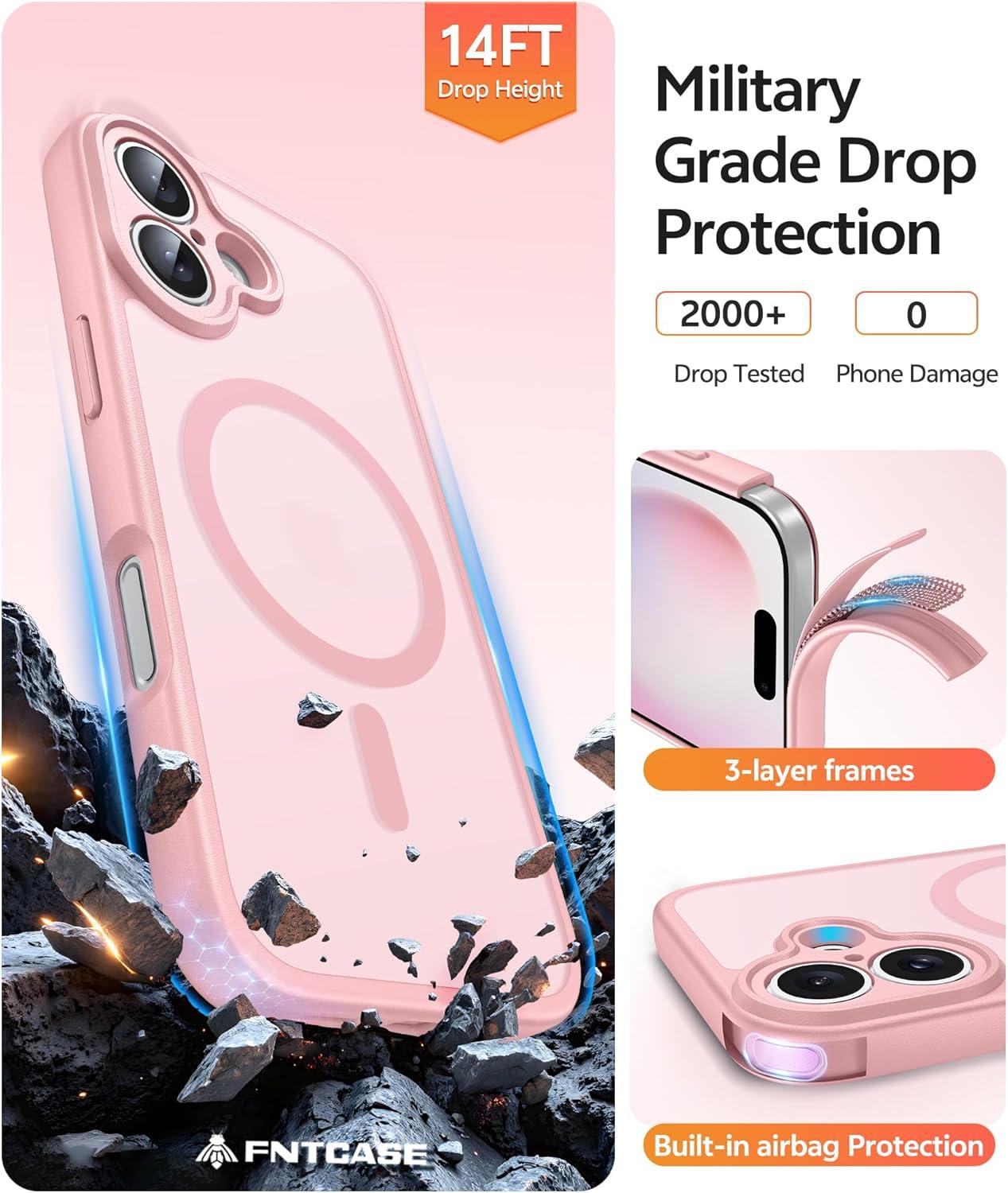 imageFNTCASE for iPhone 15 Pro Case Compatible with Magsafe Translucent Matte Magnetic Phone Cover Military Grade Drop Protection Shockproof Protective Cases BlackLight Pink