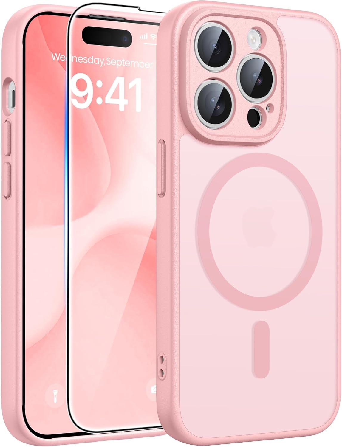 imageFNTCASE for iPhone 15 Pro Case Compatible with Magsafe Translucent Matte Magnetic Phone Cover Military Grade Drop Protection Shockproof Protective Cases BlackLight Pink