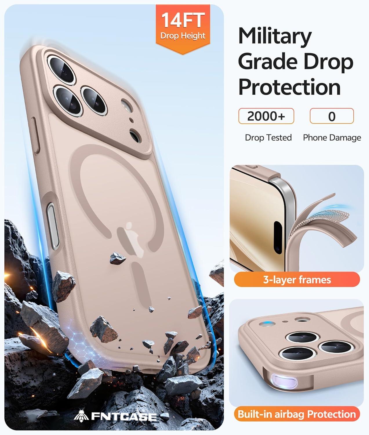 imageFNTCASE for iPhone 15 Pro Case Compatible with Magsafe Translucent Matte Magnetic Phone Cover Military Grade Drop Protection Shockproof Protective Cases BlackDesert Gold