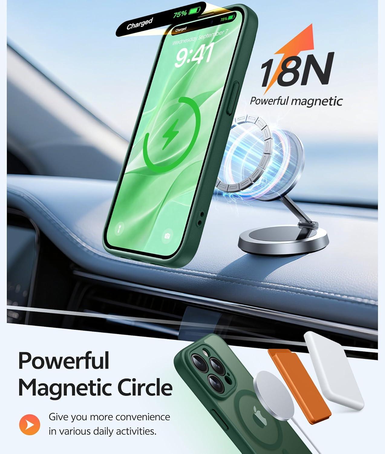 imageFNTCASE for iPhone 15 Pro Case Compatible with Magsafe Translucent Matte Magnetic Phone Cover Military Grade Drop Protection Shockproof Protective Cases BlackGreen