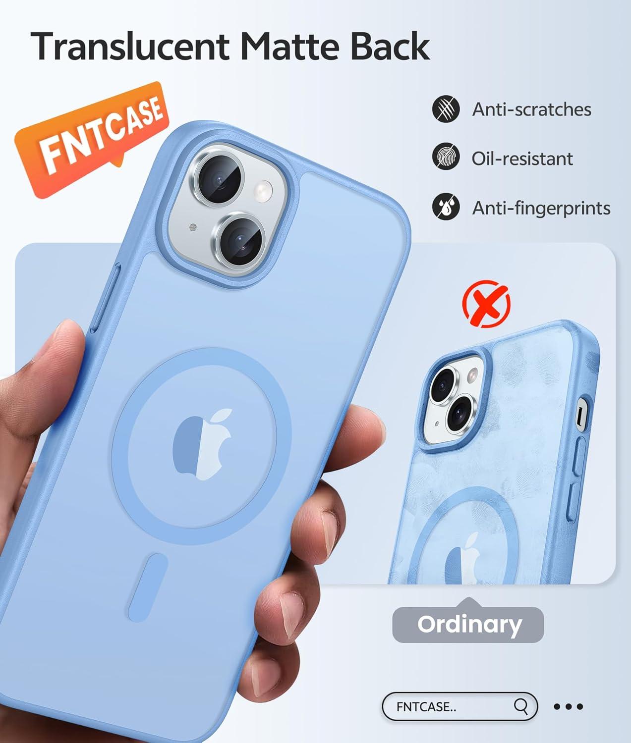 imageFNTCASE for iPhone 15 Pro Case Compatible with Magsafe Translucent Matte Magnetic Phone Cover Military Grade Drop Protection Shockproof Protective Cases BlackLight Blue