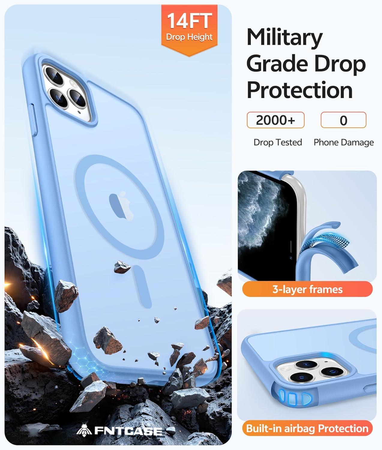 imageFNTCASE for iPhone 15 Pro Case Compatible with Magsafe Translucent Matte Magnetic Phone Cover Military Grade Drop Protection Shockproof Protective Cases BlackLight Blue