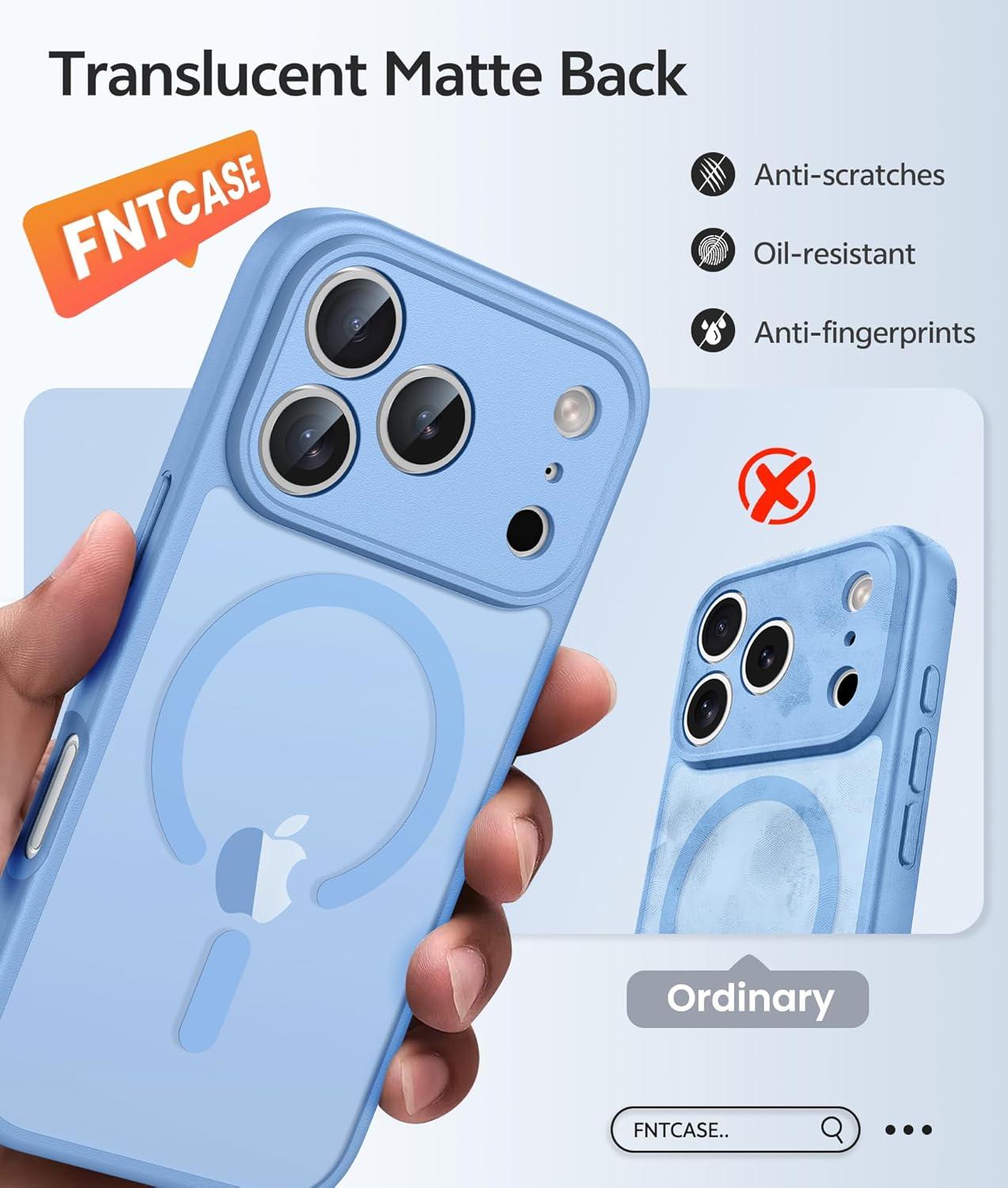 imageFNTCASE for iPhone 15 Pro Case Compatible with Magsafe Translucent Matte Magnetic Phone Cover Military Grade Drop Protection Shockproof Protective Cases BlackLight Blue