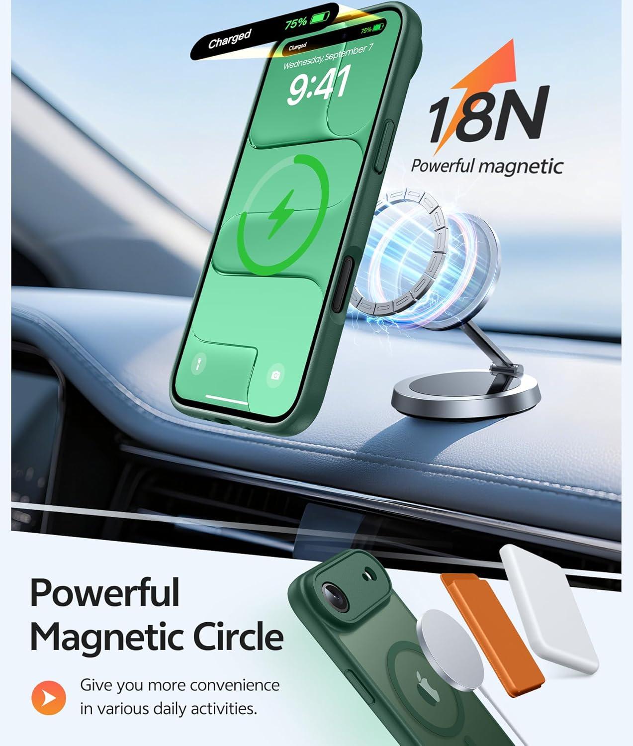 imageFNTCASE for iPhone 15 Pro Case Compatible with Magsafe Translucent Matte Magnetic Phone Cover Military Grade Drop Protection Shockproof Protective Cases BlackGreen