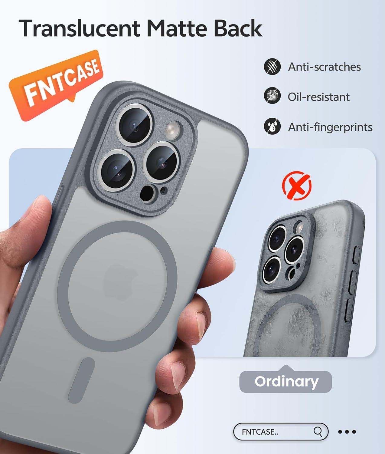 imageFNTCASE for iPhone 15 Pro Case Compatible with Magsafe Translucent Matte Magnetic Phone Cover Military Grade Drop Protection Shockproof Protective Cases BlackGray