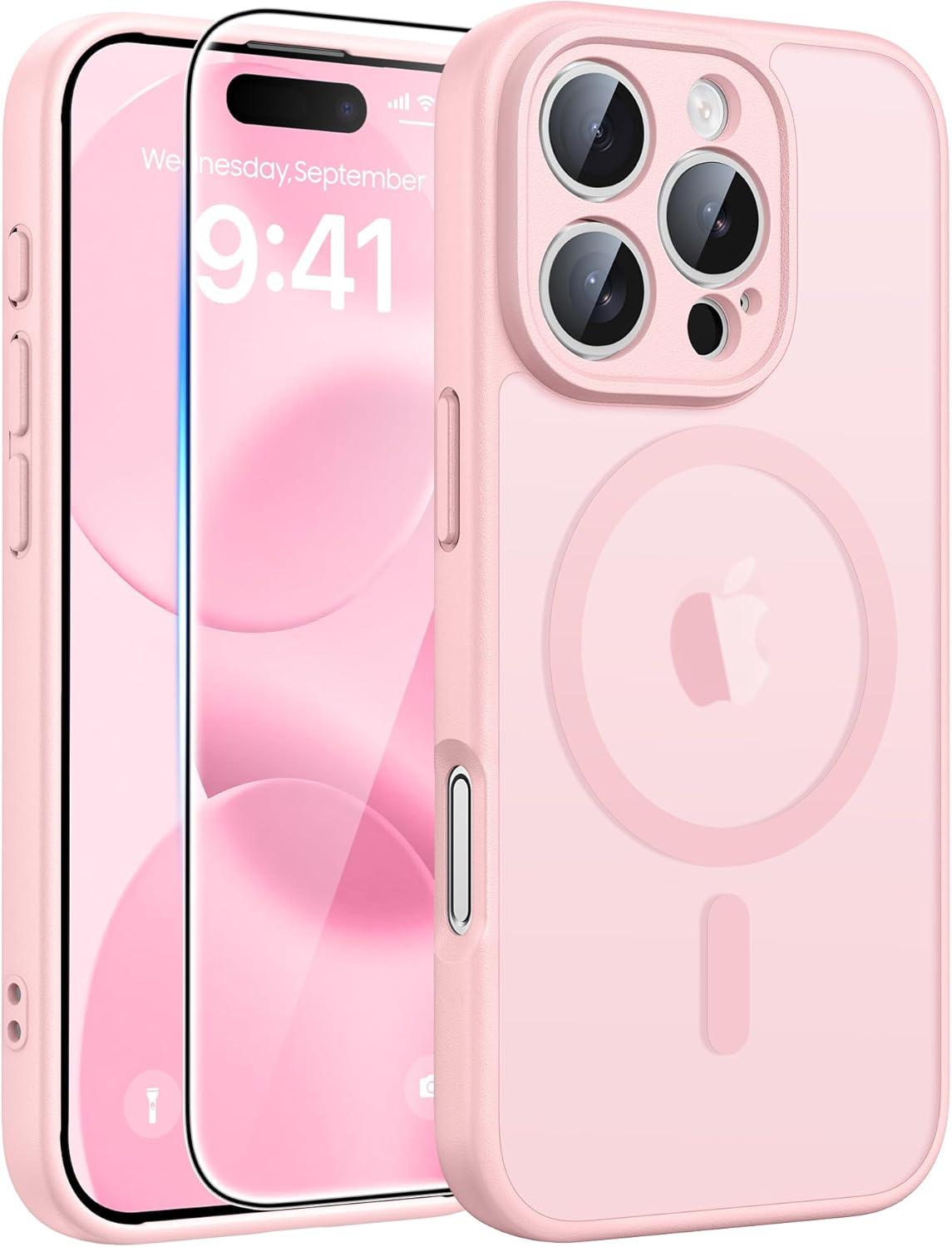 imageFNTCASE for iPhone 15 Pro Case Compatible with Magsafe Translucent Matte Magnetic Phone Cover Military Grade Drop Protection Shockproof Protective Cases BlackLight Pink