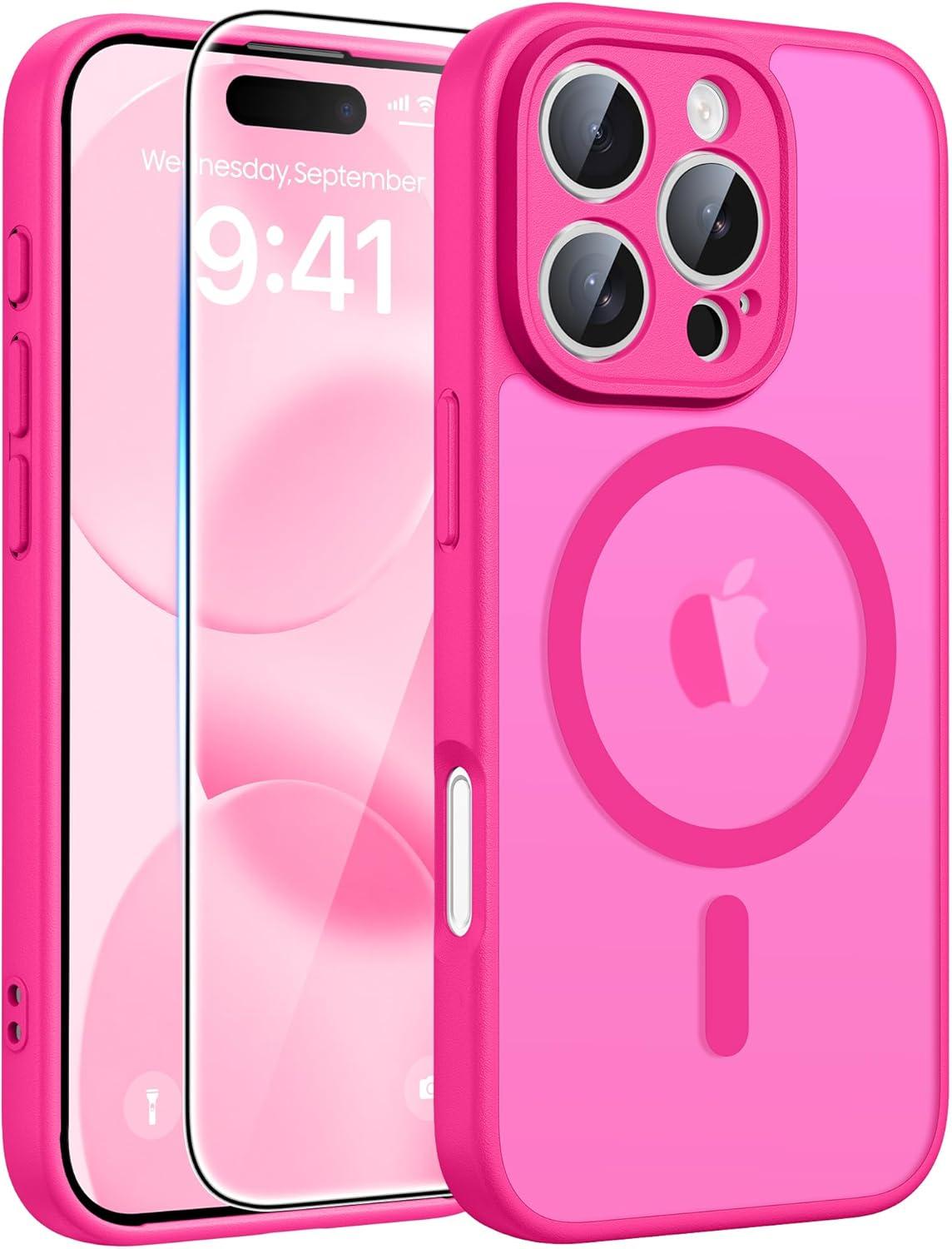 imageFNTCASE for iPhone 15 Pro Case Compatible with Magsafe Translucent Matte Magnetic Phone Cover Military Grade Drop Protection Shockproof Protective Cases BlackHot Pink