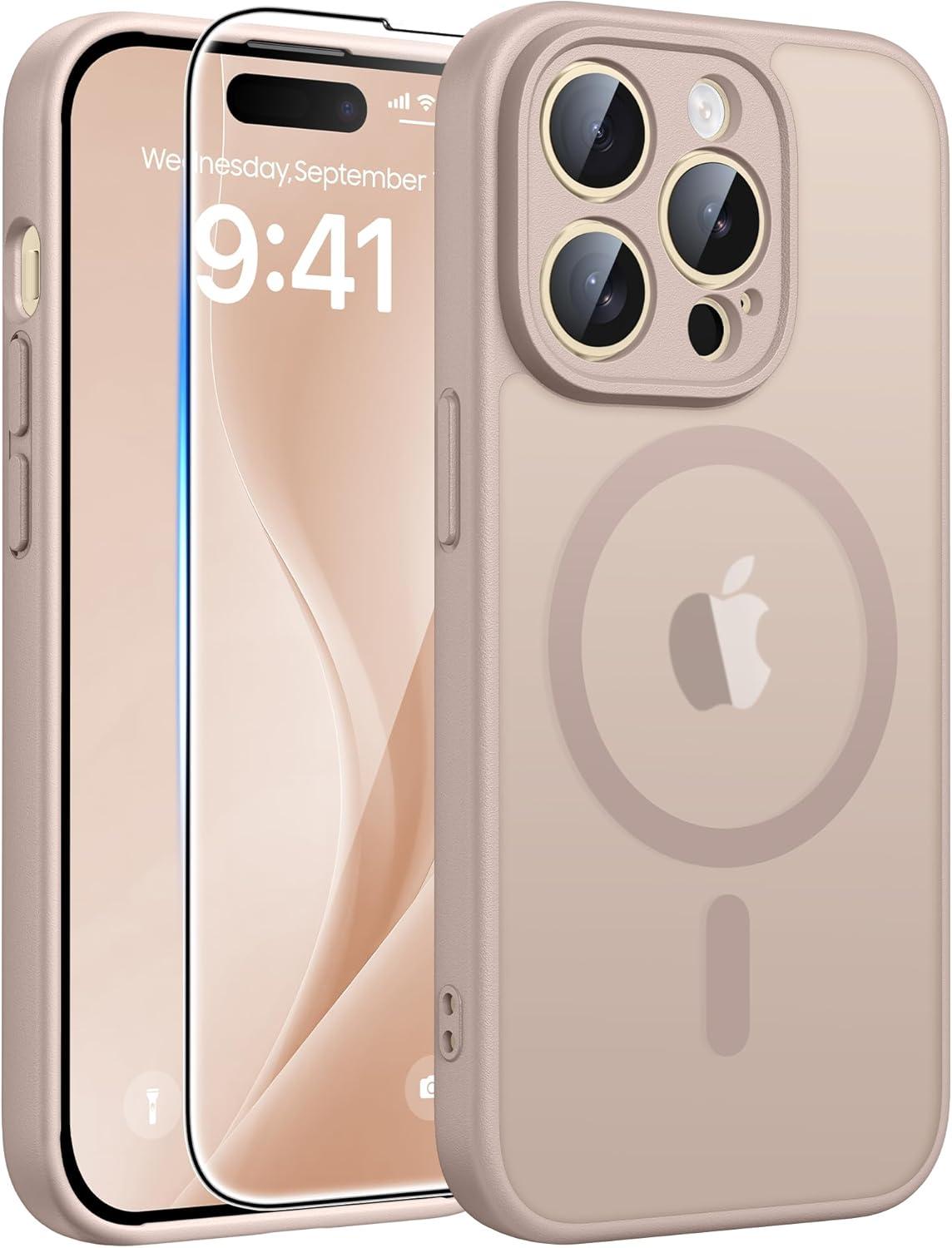 imageFNTCASE for iPhone 15 Pro Case Compatible with Magsafe Translucent Matte Magnetic Phone Cover Military Grade Drop Protection Shockproof Protective Cases BlackDesert Gold