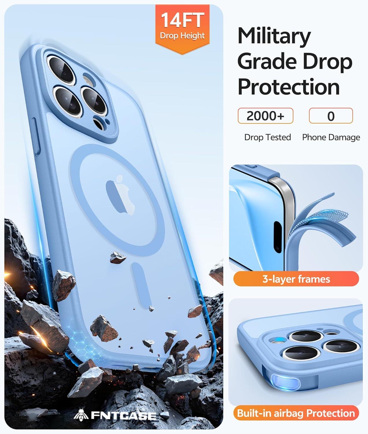 imageFNTCASE for iPhone 15 Pro Case Compatible with Magsafe Translucent Matte Magnetic Phone Cover Military Grade Drop Protection Shockproof Protective Cases BlackLight Blue