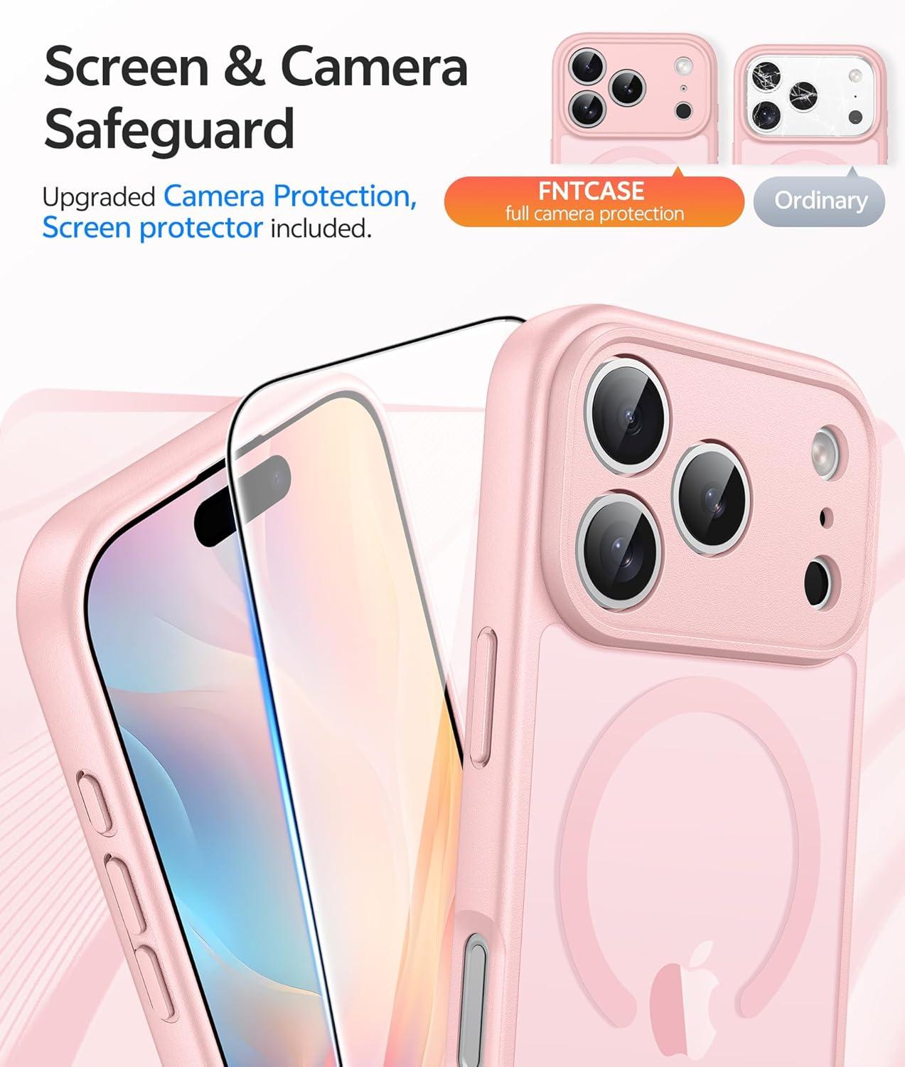imageFNTCASE for iPhone 15 Pro Case Compatible with Magsafe Translucent Matte Magnetic Phone Cover Military Grade Drop Protection Shockproof Protective Cases BlackLight Pink