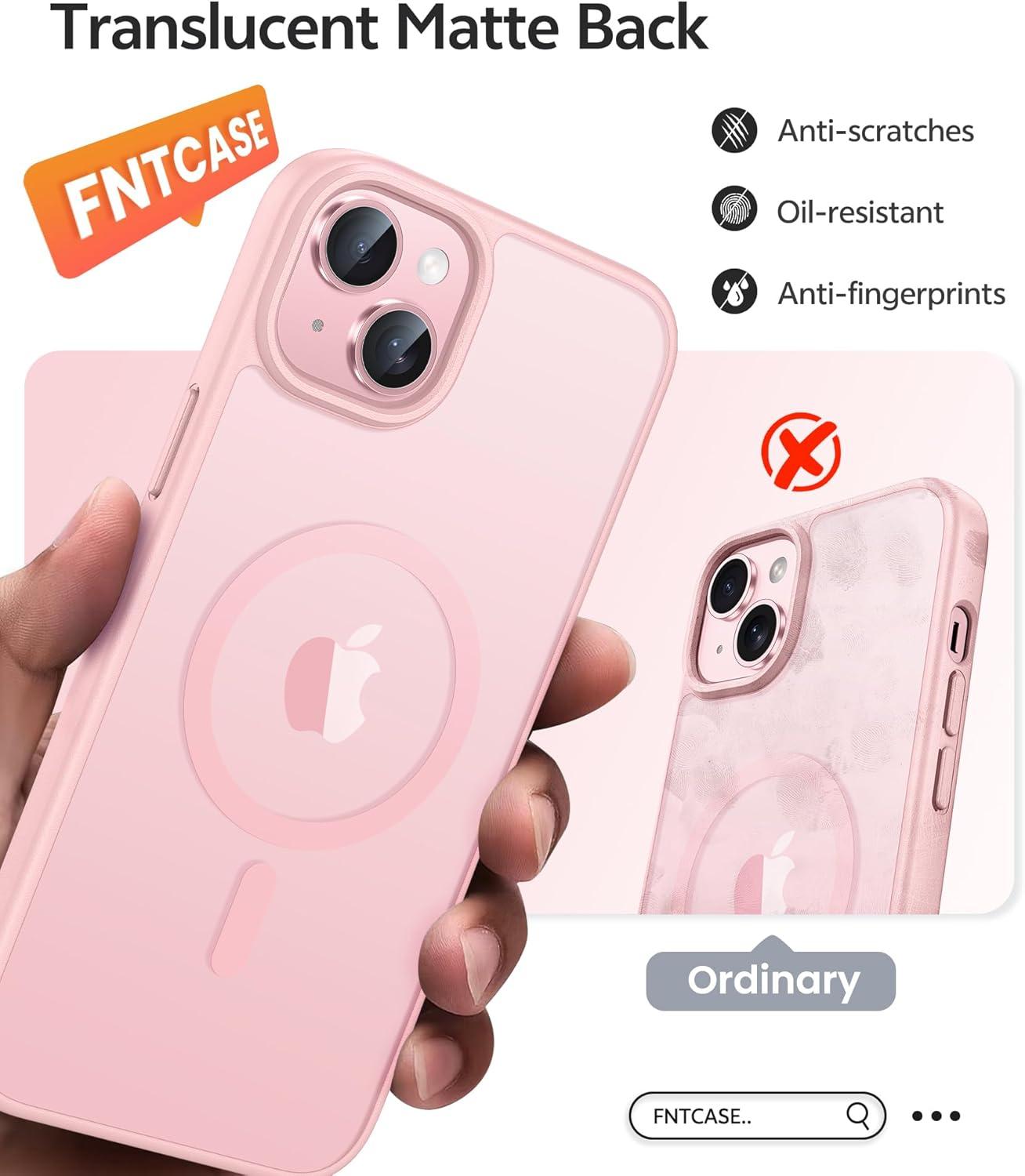 imageFNTCASE for iPhone 15 Pro Case Compatible with Magsafe Translucent Matte Magnetic Phone Cover Military Grade Drop Protection Shockproof Protective Cases BlackLight Pink