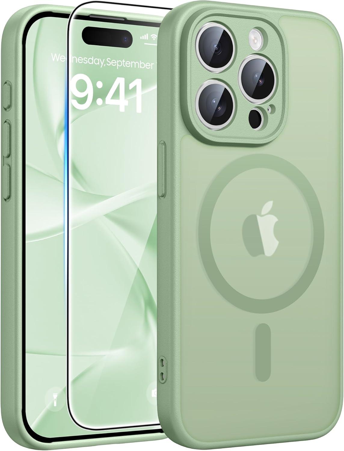 imageFNTCASE for iPhone 15 Pro Case Compatible with Magsafe Translucent Matte Magnetic Phone Cover Military Grade Drop Protection Shockproof Protective Cases BlackLight Moss