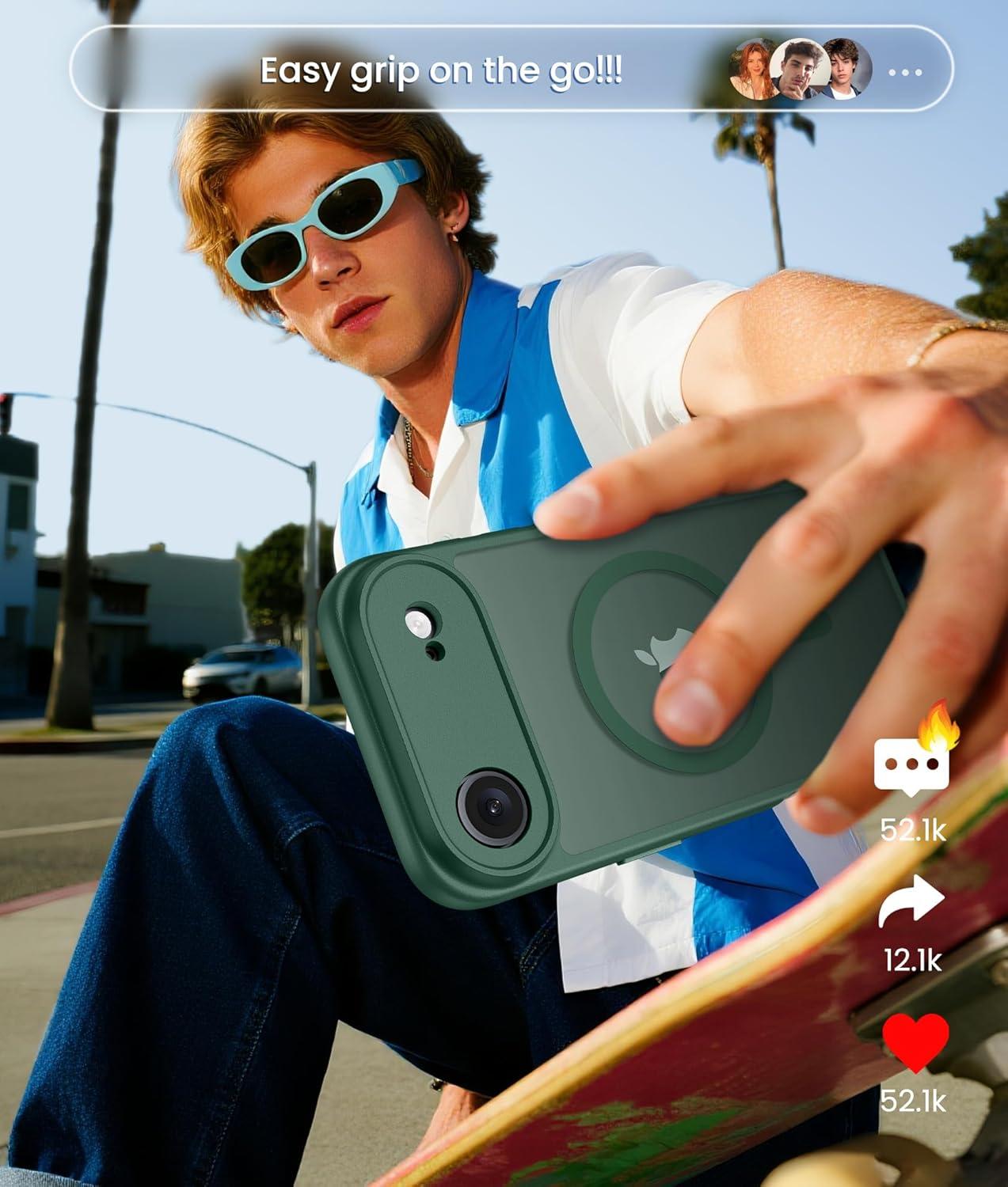 imageFNTCASE for iPhone 15 Pro Case Compatible with Magsafe Translucent Matte Magnetic Phone Cover Military Grade Drop Protection Shockproof Protective Cases BlackGreen