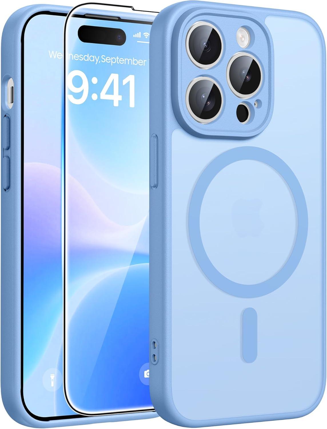 imageFNTCASE for iPhone 15 Pro Case Compatible with Magsafe Translucent Matte Magnetic Phone Cover Military Grade Drop Protection Shockproof Protective Cases BlackLight Blue
