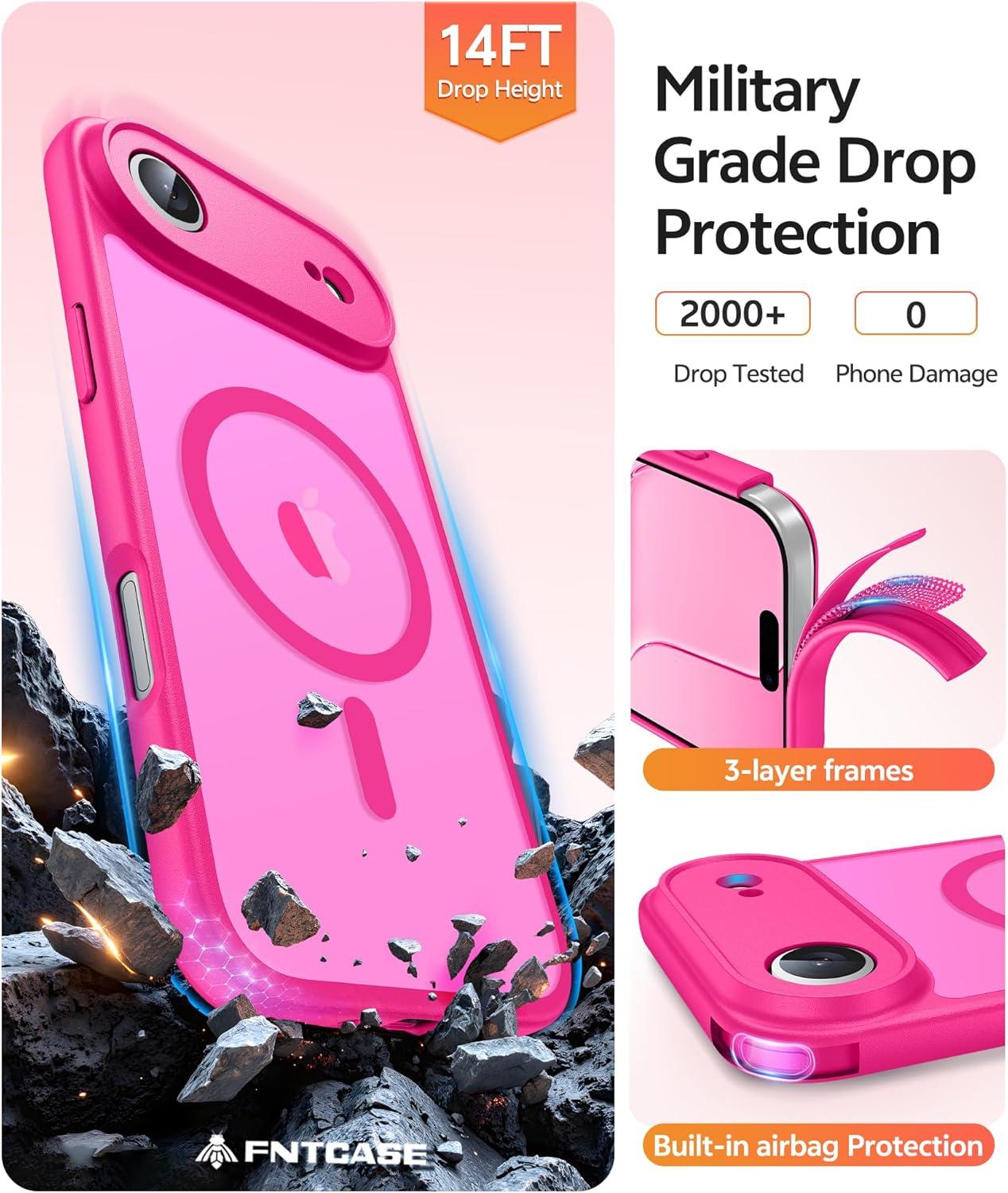 imageFNTCASE for iPhone 15 Pro Case Compatible with Magsafe Translucent Matte Magnetic Phone Cover Military Grade Drop Protection Shockproof Protective Cases BlackHot Pink