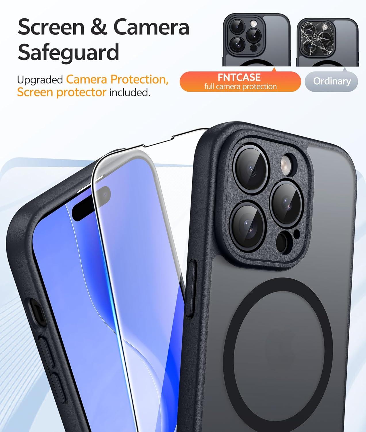imageFNTCASE for iPhone 15 Pro Case Compatible with Magsafe Translucent Matte Magnetic Phone Cover Military Grade Drop Protection Shockproof Protective Cases BlackBlack