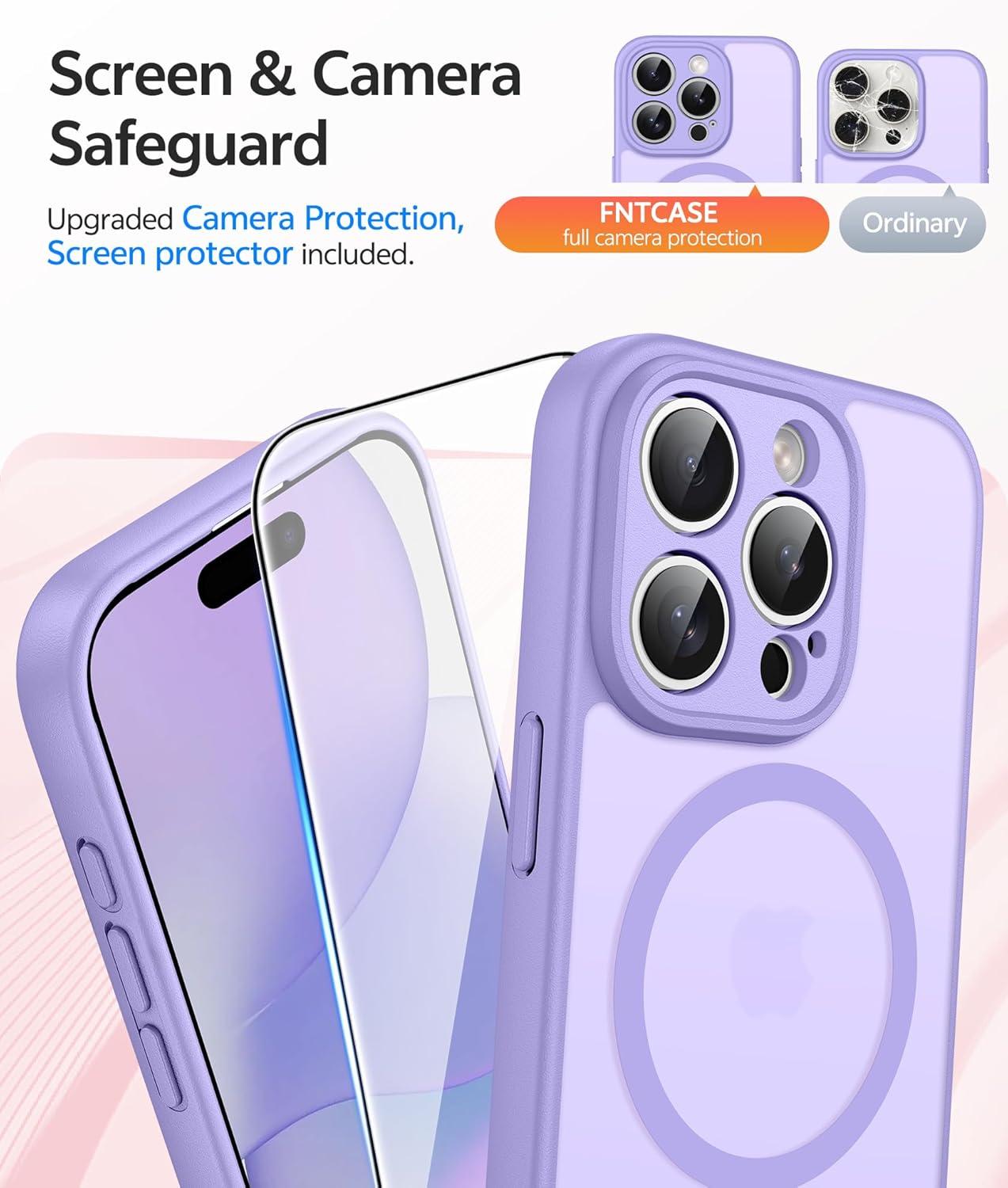 imageFNTCASE for iPhone 15 Pro Case Compatible with Magsafe Translucent Matte Magnetic Phone Cover Military Grade Drop Protection Shockproof Protective Cases BlackLight Purple