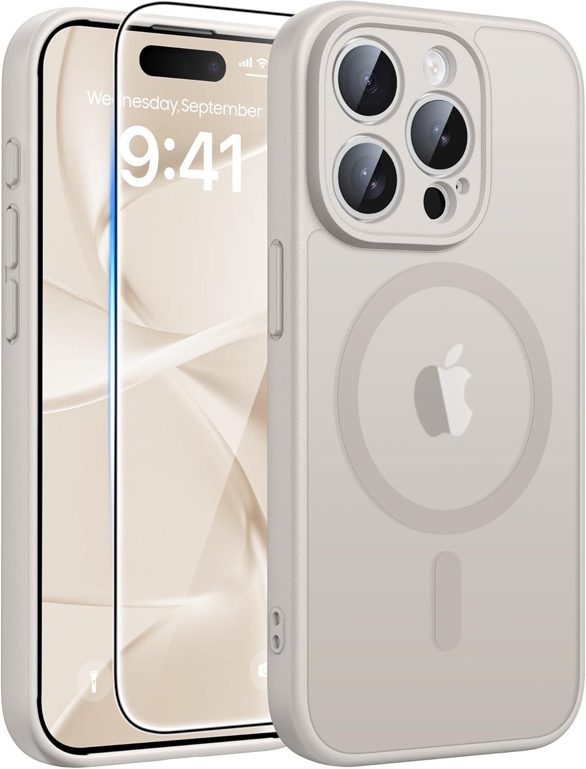 imageFNTCASE for iPhone 15 Pro Case Compatible with Magsafe Translucent Matte Magnetic Phone Cover Military Grade Drop Protection Shockproof Protective Cases BlackOff White