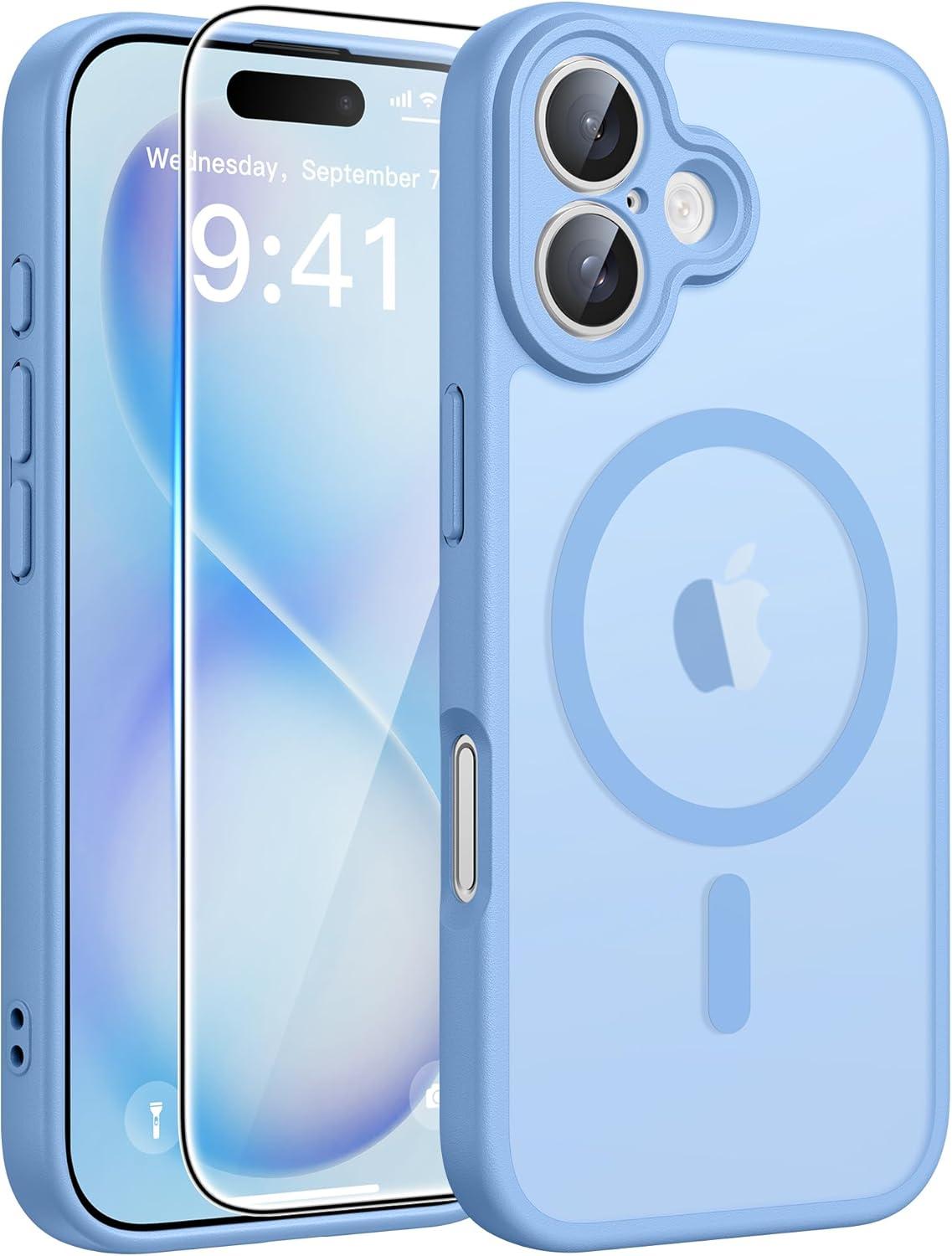 imageFNTCASE for iPhone 15 Pro Case Compatible with Magsafe Translucent Matte Magnetic Phone Cover Military Grade Drop Protection Shockproof Protective Cases BlackLight Blue