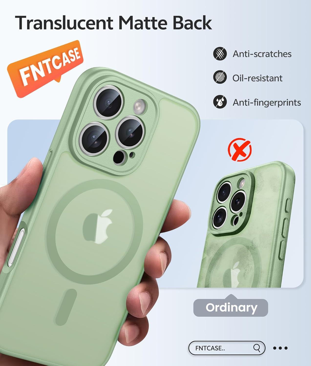 imageFNTCASE for iPhone 15 Pro Case Compatible with Magsafe Translucent Matte Magnetic Phone Cover Military Grade Drop Protection Shockproof Protective Cases BlackLight Moss