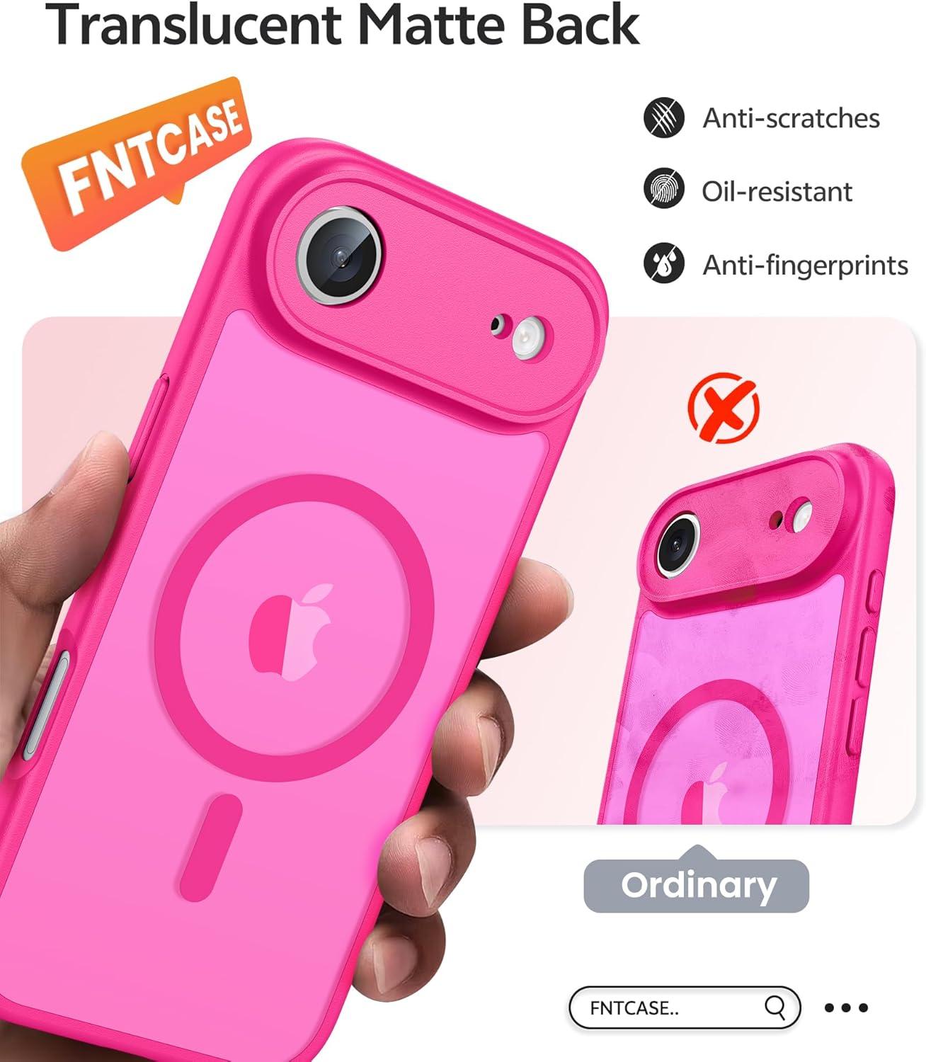 imageFNTCASE for iPhone 15 Pro Case Compatible with Magsafe Translucent Matte Magnetic Phone Cover Military Grade Drop Protection Shockproof Protective Cases BlackHot Pink