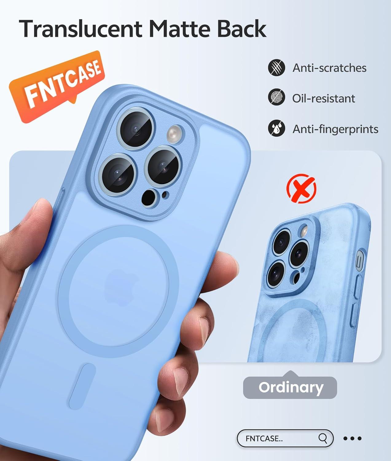 imageFNTCASE for iPhone 15 Pro Case Compatible with Magsafe Translucent Matte Magnetic Phone Cover Military Grade Drop Protection Shockproof Protective Cases BlackLight Blue