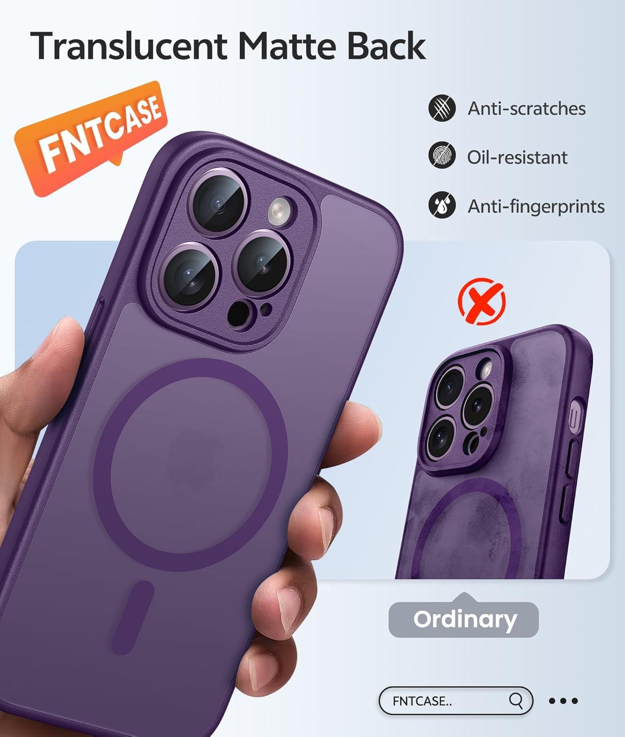 imageFNTCASE for iPhone 15 Pro Case Compatible with Magsafe Translucent Matte Magnetic Phone Cover Military Grade Drop Protection Shockproof Protective Cases BlackPurple