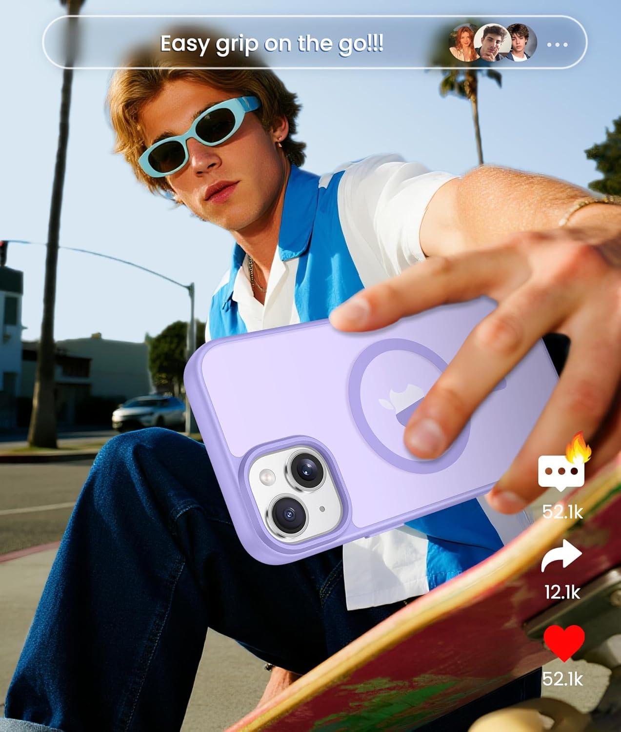 imageFNTCASE for iPhone 15 Pro Case Compatible with Magsafe Translucent Matte Magnetic Phone Cover Military Grade Drop Protection Shockproof Protective Cases BlackLight Purple