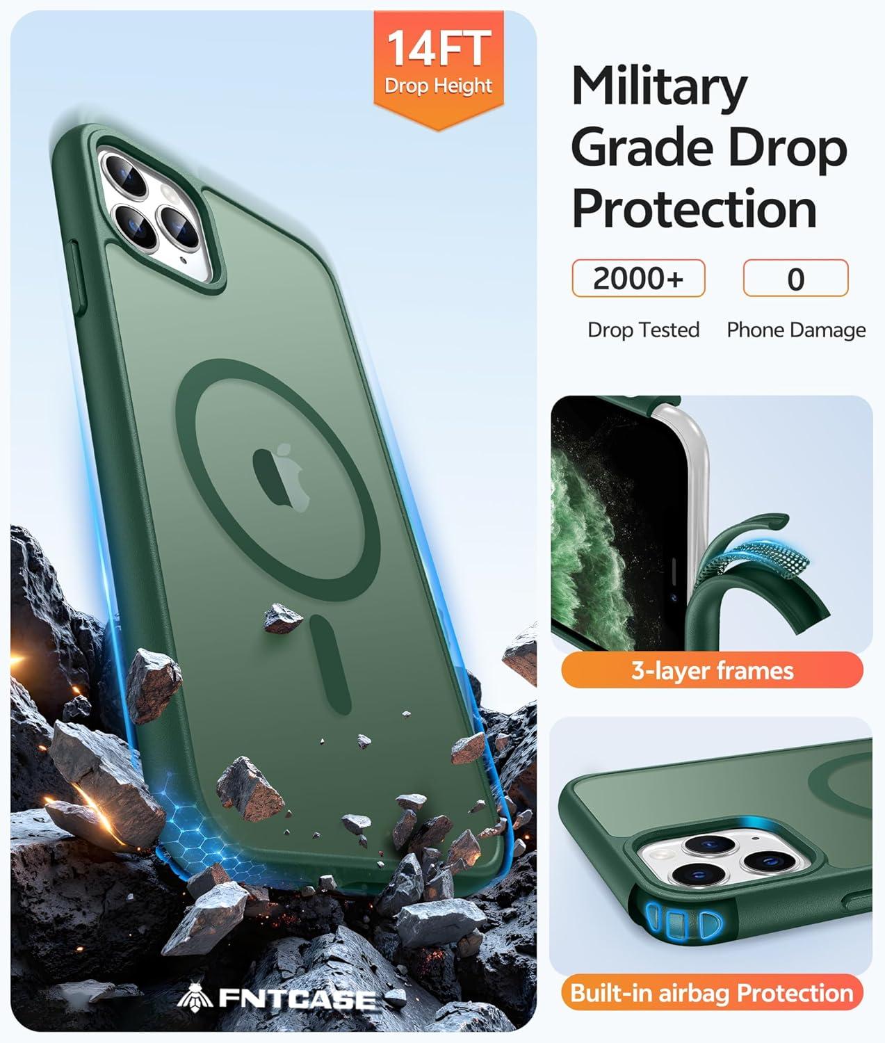 imageFNTCASE for iPhone 15 Pro Case Compatible with Magsafe Translucent Matte Magnetic Phone Cover Military Grade Drop Protection Shockproof Protective Cases BlackGreen