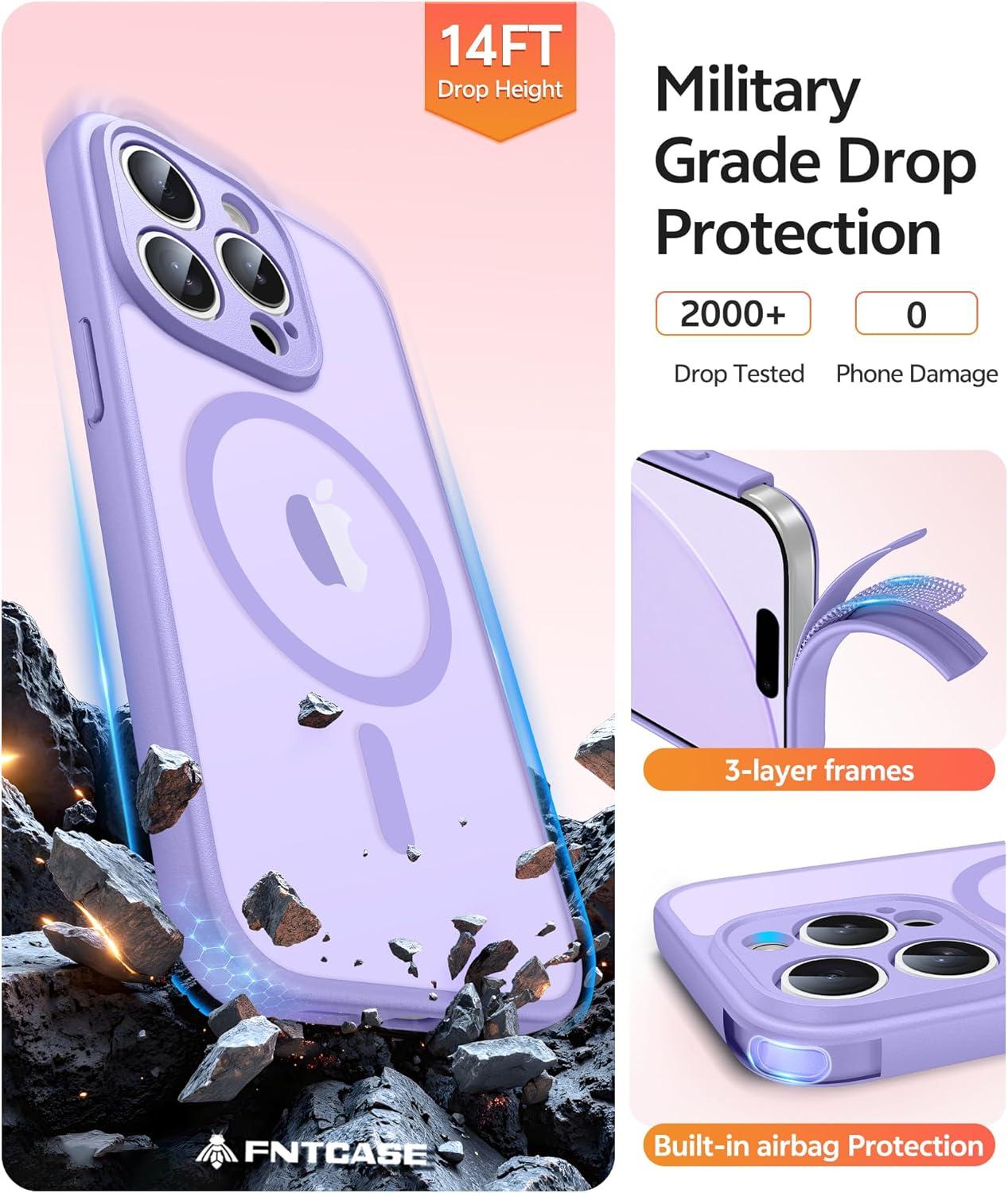 imageFNTCASE for iPhone 15 Pro Case Compatible with Magsafe Translucent Matte Magnetic Phone Cover Military Grade Drop Protection Shockproof Protective Cases BlackLight Purple