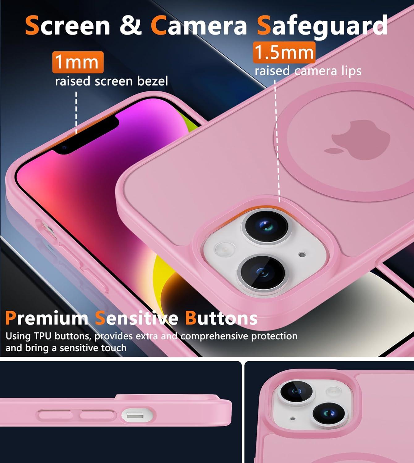 imageFNTCASE for iPhone 15 Pro Case Compatible with Magsafe Translucent Matte Magnetic Phone Cover Military Grade Drop Protection Shockproof Protective Cases BlackLight Pink