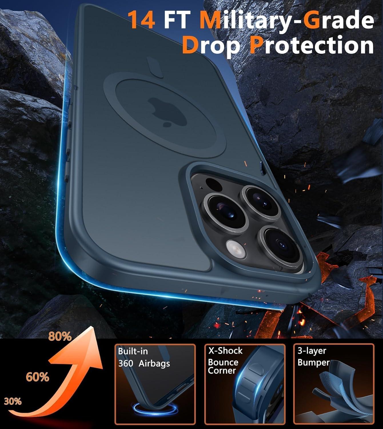 imageFNTCASE for iPhone 15 Pro Case Compatible with Magsafe Translucent Matte Magnetic Phone Cover Military Grade Drop Protection Shockproof Protective Cases BlackBlue