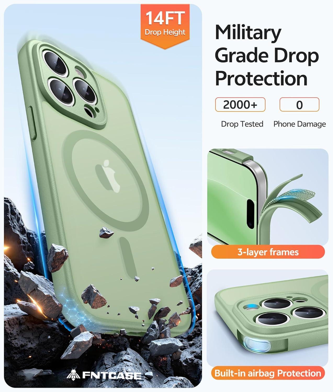 imageFNTCASE for iPhone 15 Pro Case Compatible with Magsafe Translucent Matte Magnetic Phone Cover Military Grade Drop Protection Shockproof Protective Cases BlackLight Moss