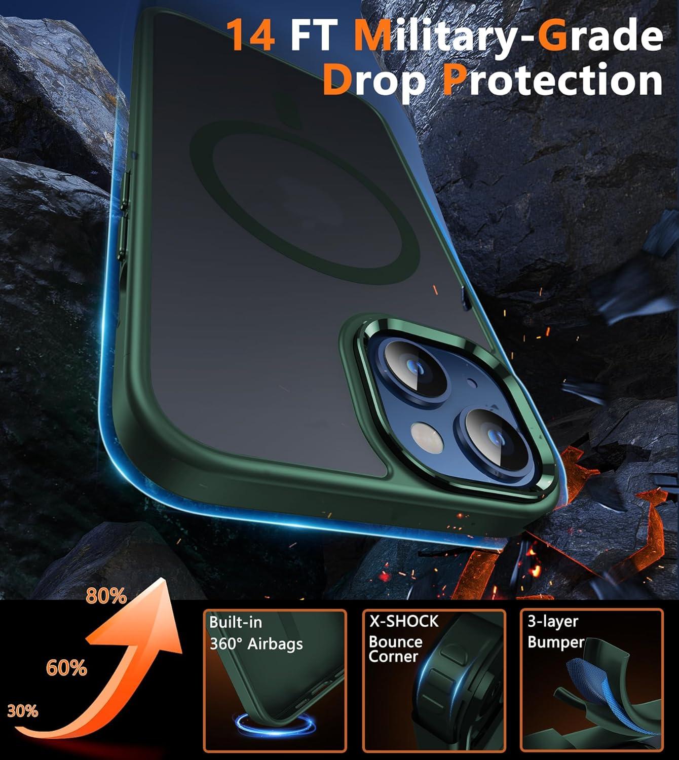 imageFNTCASE for iPhone 15 Pro Case Compatible with Magsafe Translucent Matte Magnetic Phone Cover Military Grade Drop Protection Shockproof Protective Cases BlackGreen